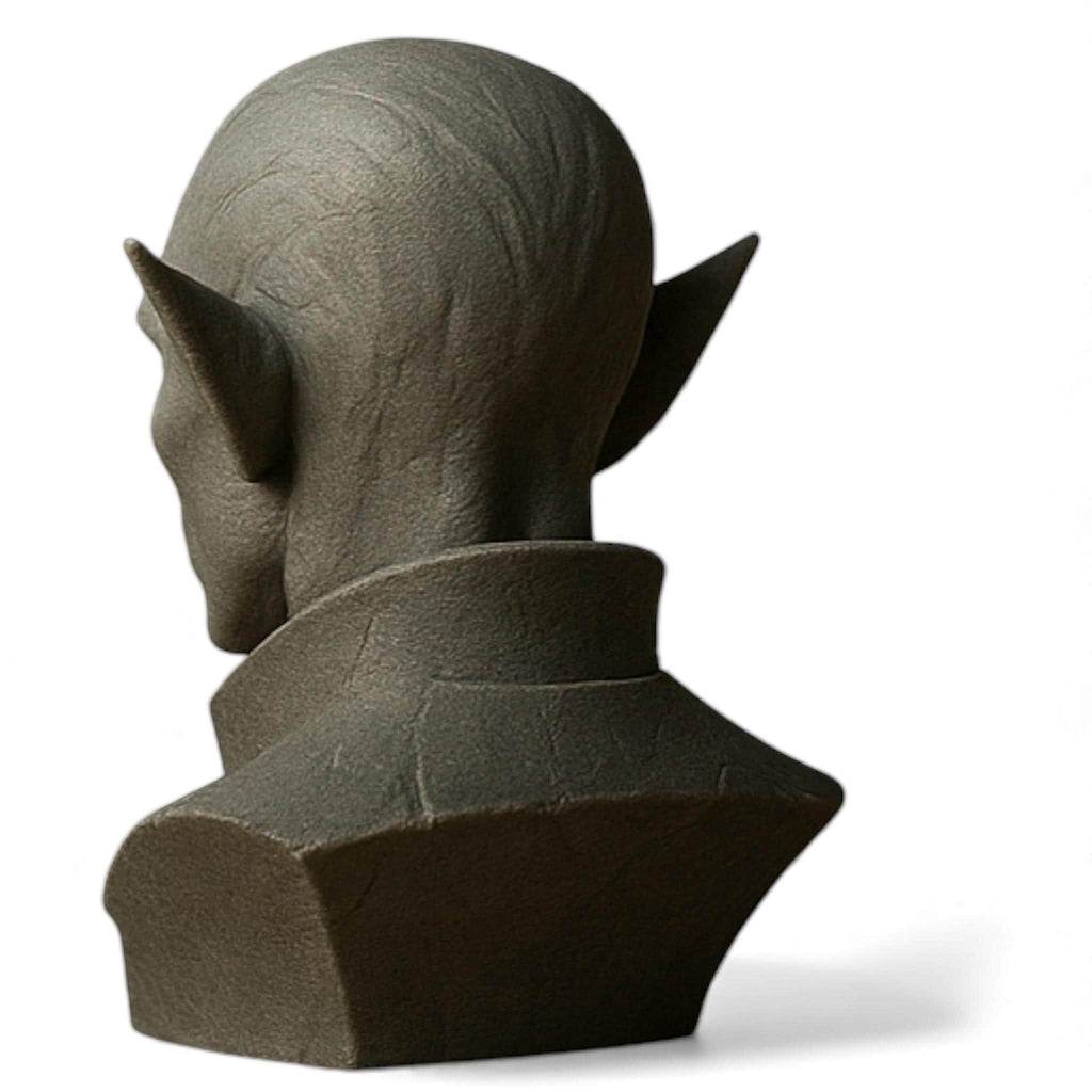 Happy3dWorld 3D printed elf headset stand in grey stone-textured PLA with a detailed fantasy bust design.