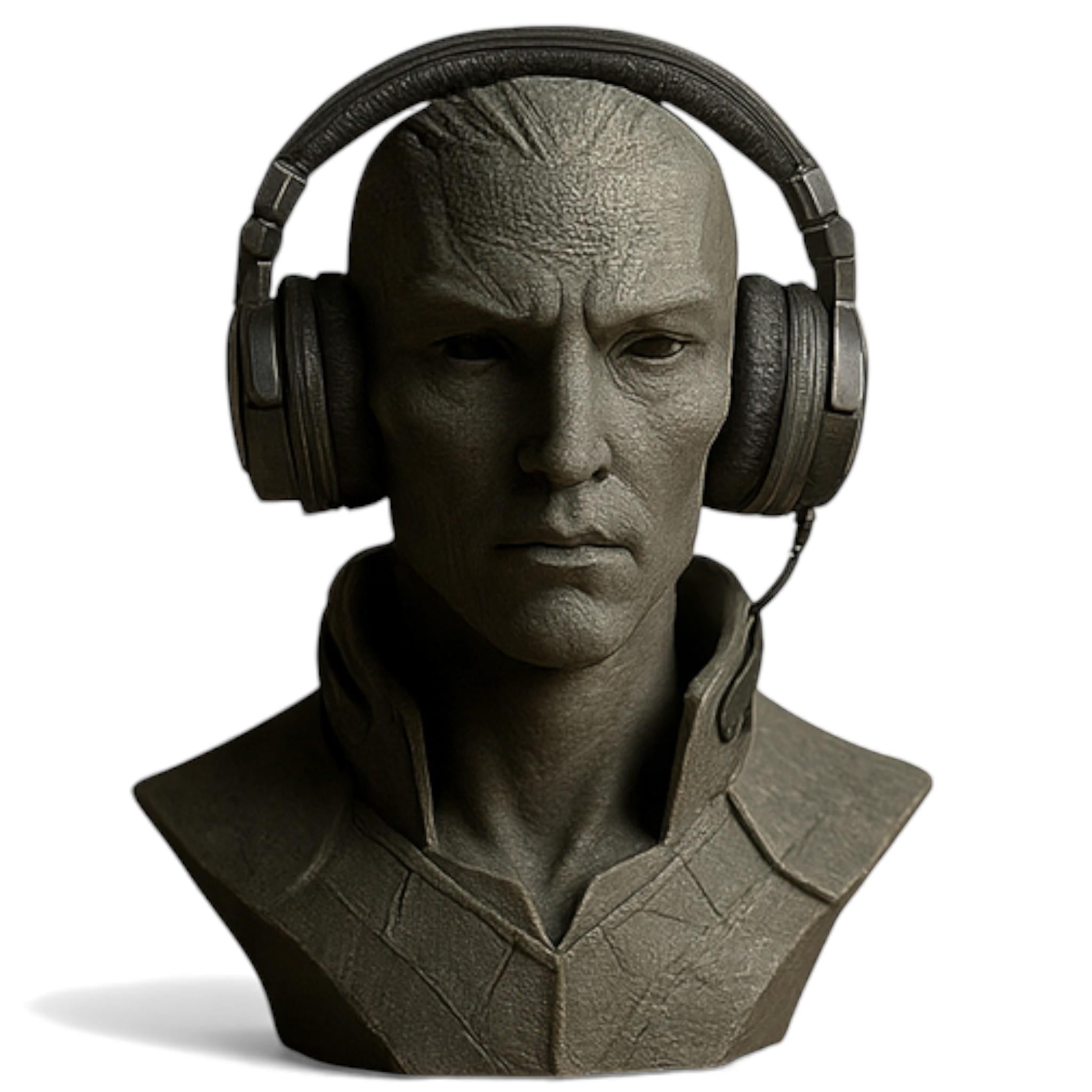 Happy3dWorld 3D printed elf bust headset stand in a matte stone finish holding gaming headphones