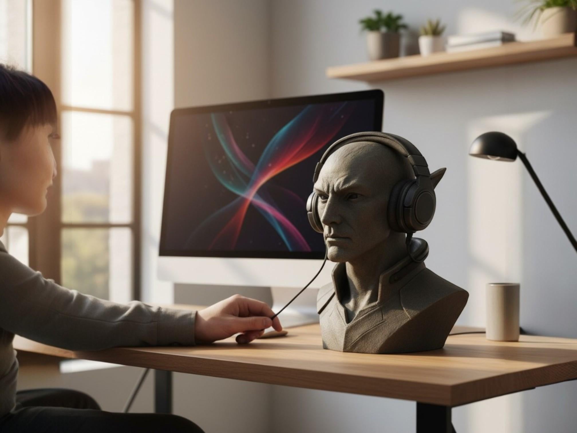 Happy3dWorld 3D printed elf bust headset stand with a stone-like finish holding gaming headphones on a desk.