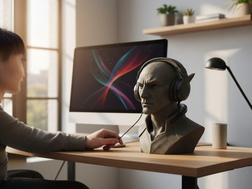 Happy3dWorld 3D printed elf bust headset stand with a stone-like finish holding gaming headphones on a desk.