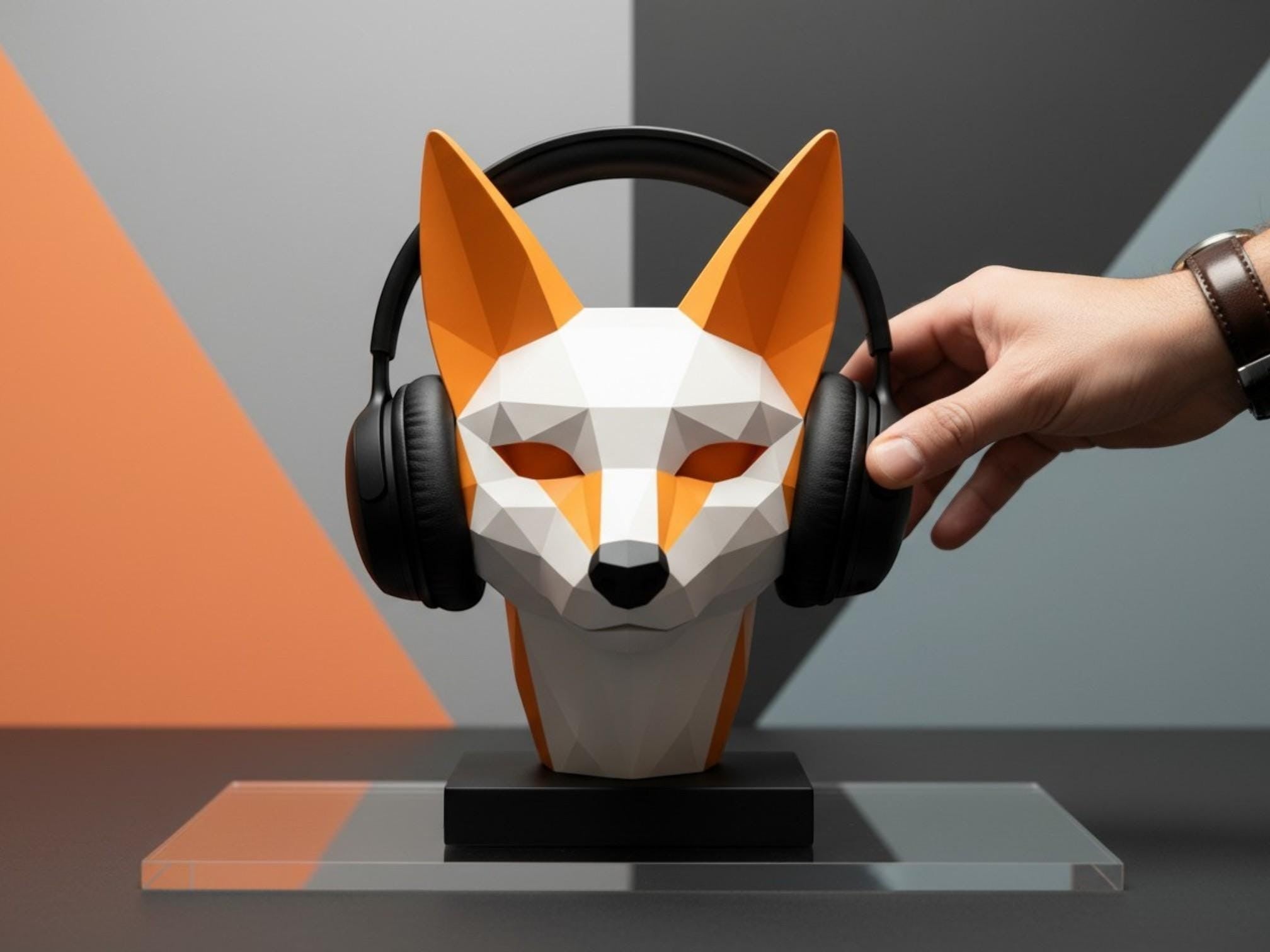 Happy3dWorld low-poly geometric fox headphone stand in orange and white PLA, holding black headphones on a desk.