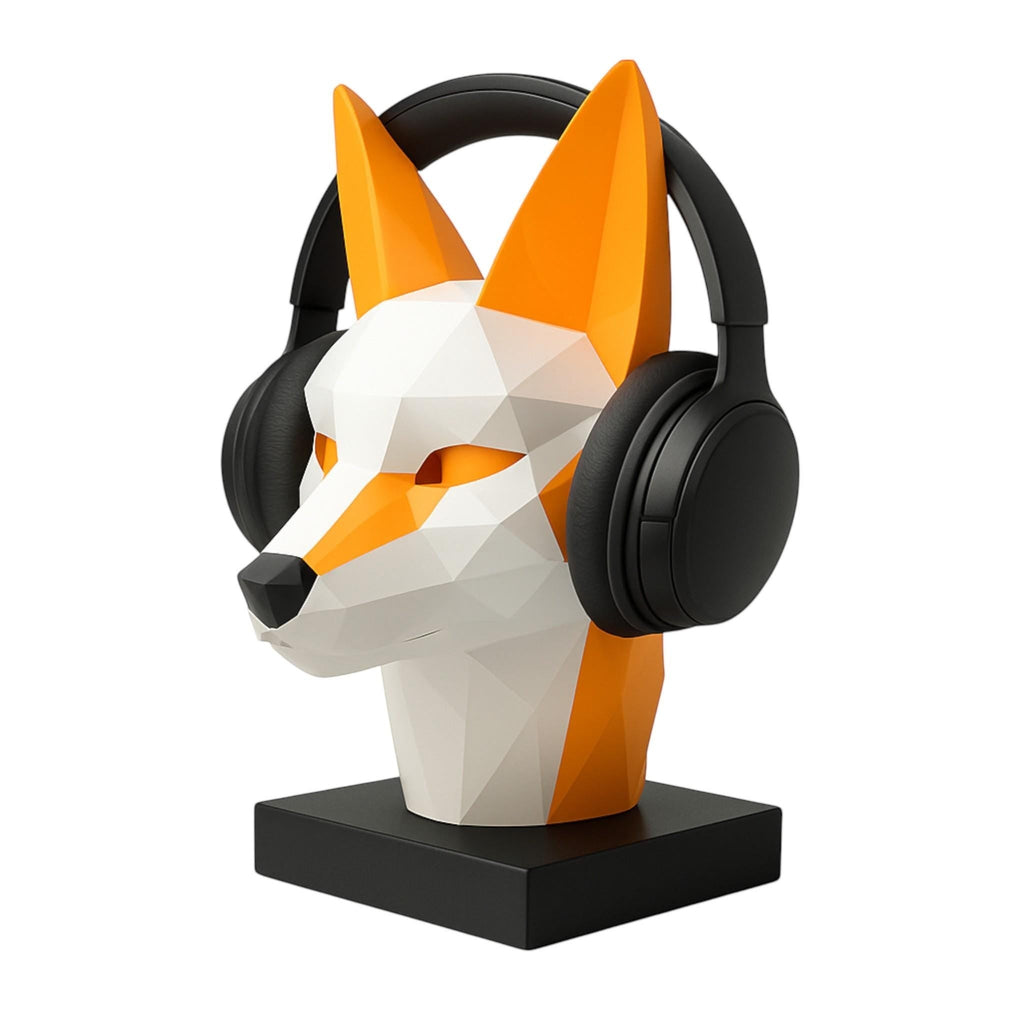 Happy3dWorld low-poly geometric fox headphone stand in orange and white, holding black over-ear headphones on a desk.