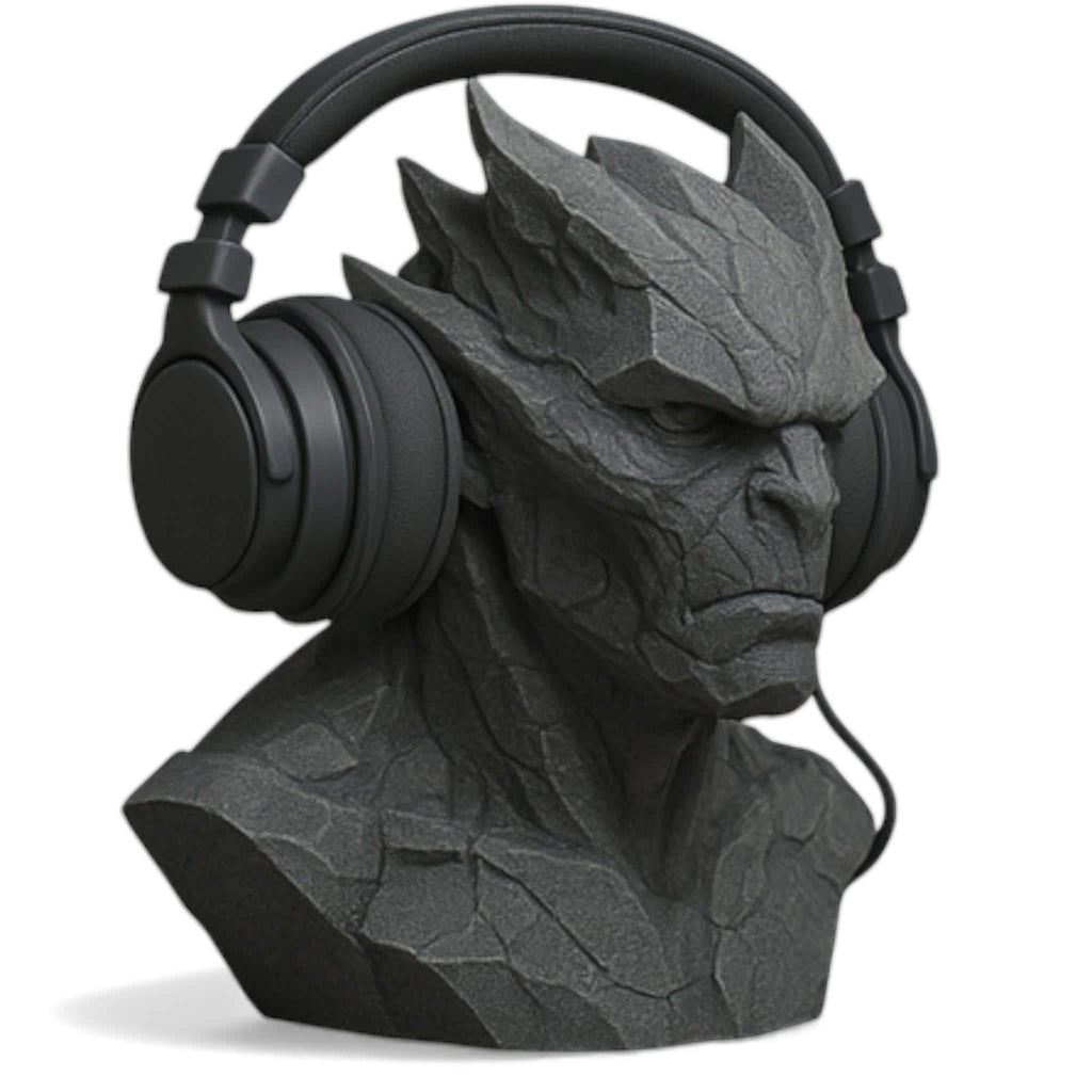 Happy3dWorld gray stone-textured 3D printed gargoyle headphone stand for gaming desks and gothic home decor.