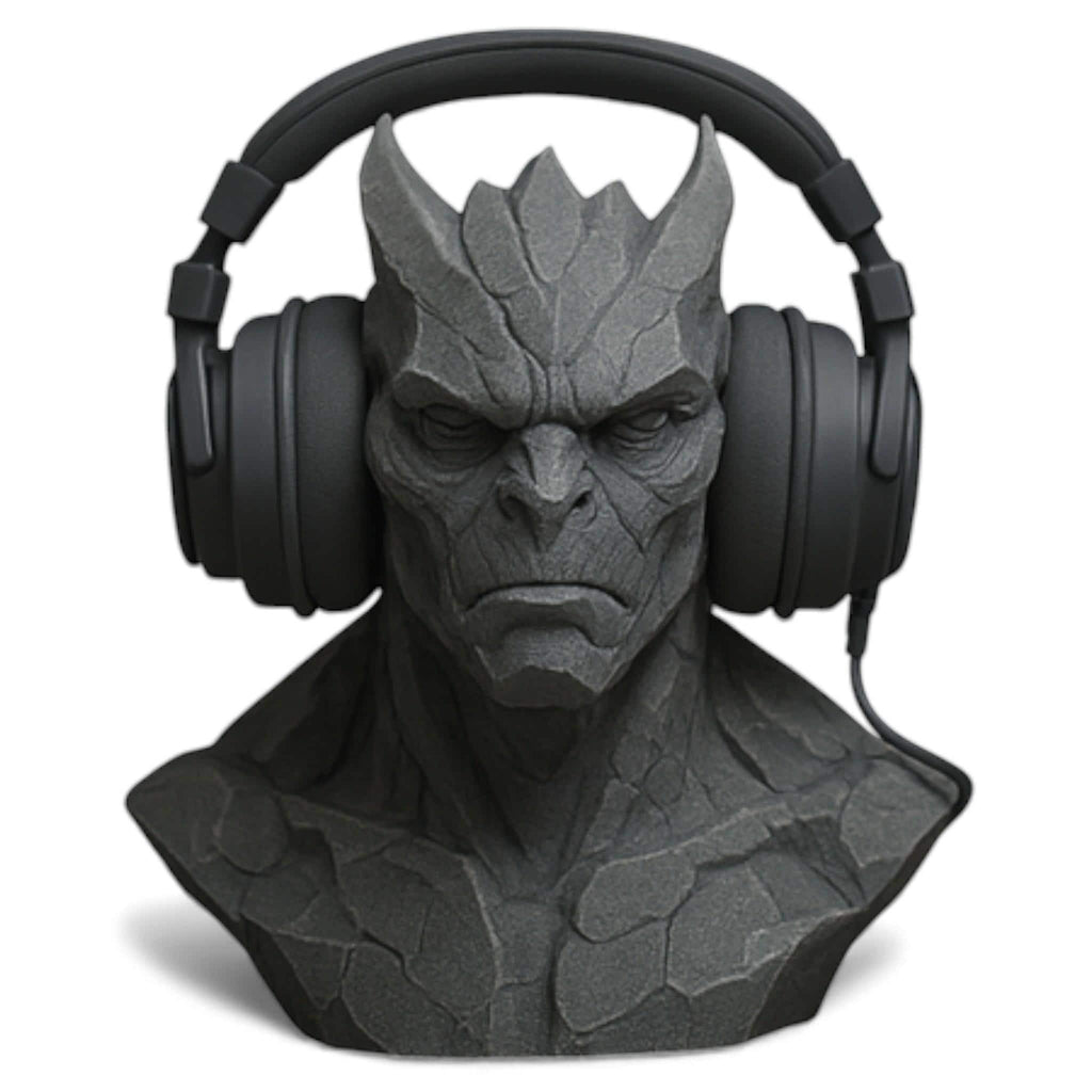 Happy3dWorld gray 3D printed gargoyle headphone stand with a stone-textured gothic design for gaming desks.