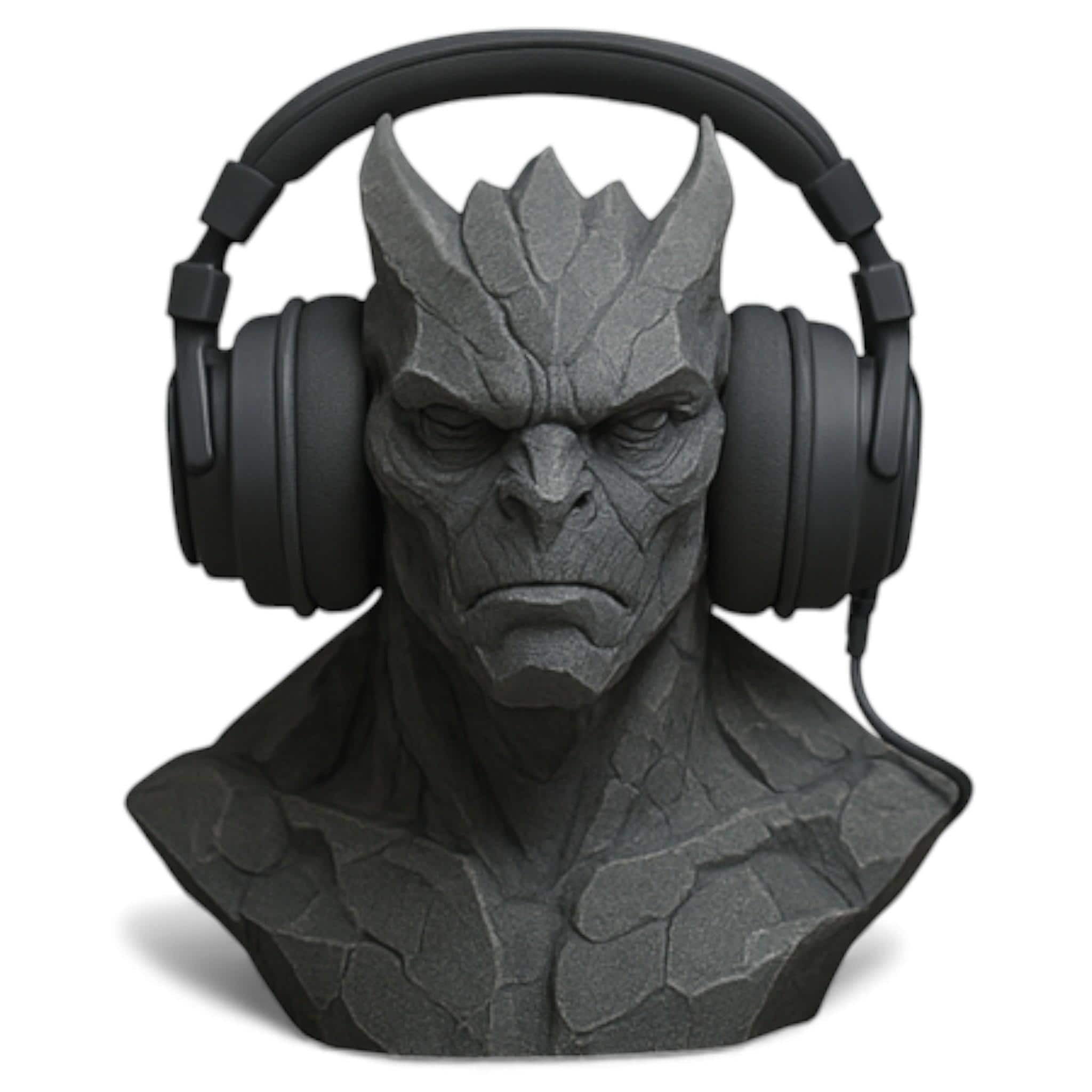 Happy3dWorld gray 3D printed gargoyle headphone stand with a stone-textured gothic design for gaming desks.