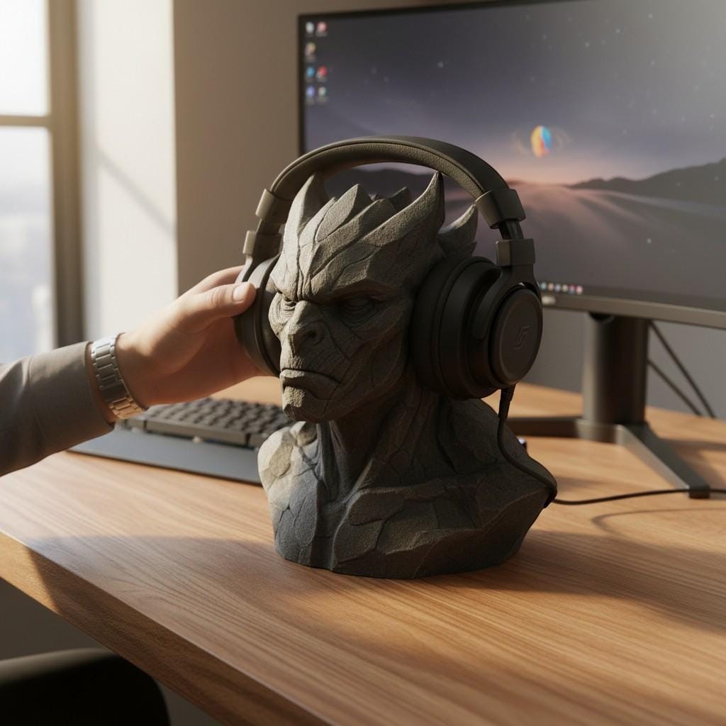 Happy3dWorld gray stone-textured 3D printed gargoyle headphone stand holding gaming headset on a wooden desk
