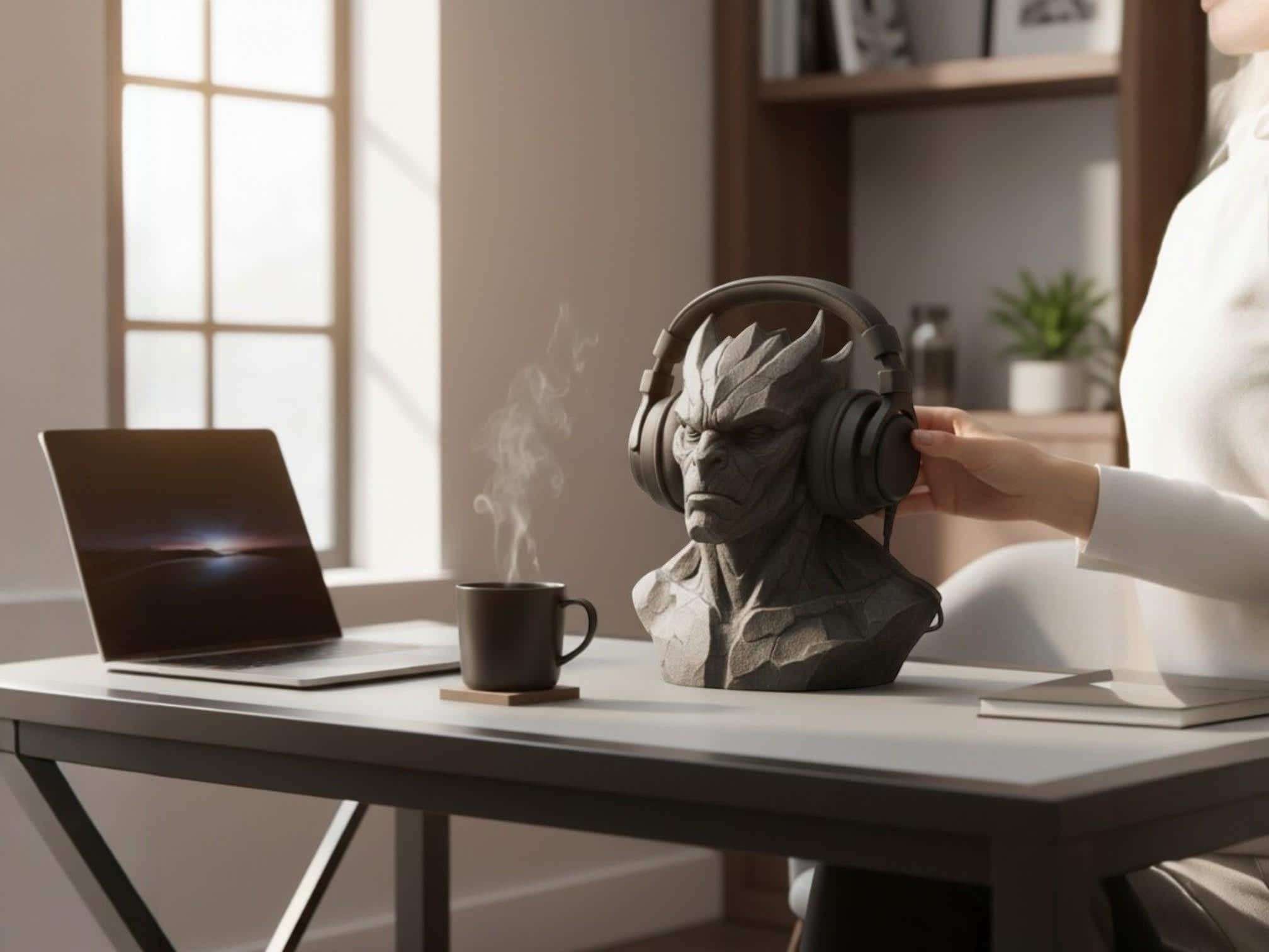 Happy3dWorld gray 3D printed gargoyle headphone stand on a desk with a laptop and coffee, gothic gaming decor.