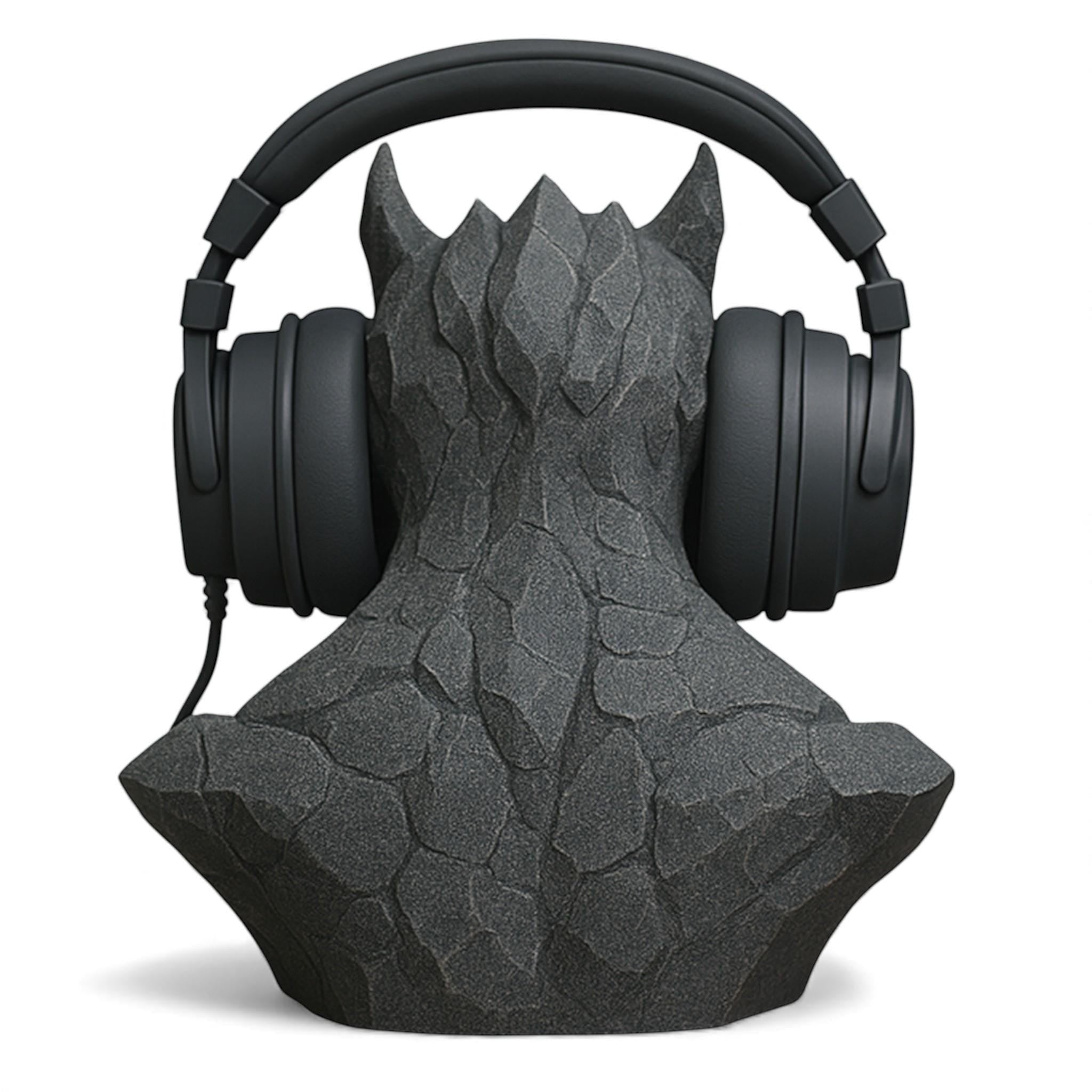 Happy3dWorld 3D printed gray stone-textured gargoyle headphone stand holding black gaming headset on a white background