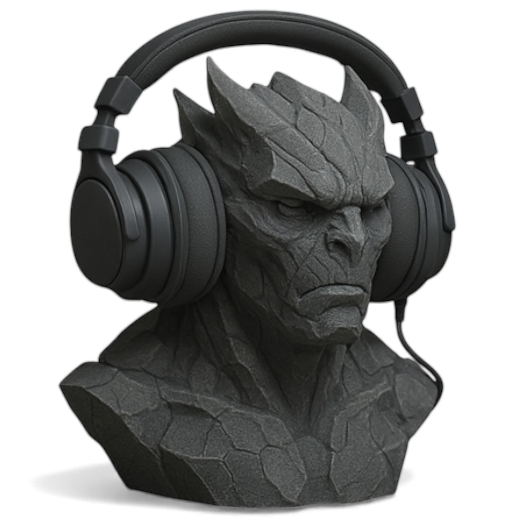 Happy3dWorld gray stone-textured 3D printed gargoyle headphone stand holding black gaming headset on a white background