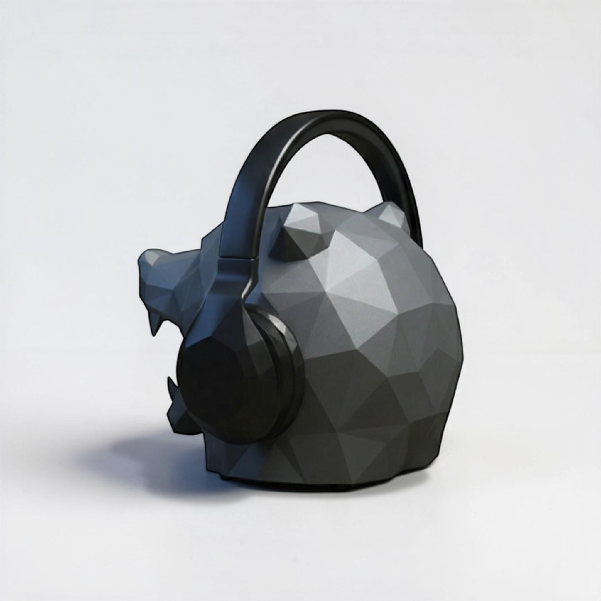 Happy3dWorld low polygon bear headphone stand in matte grey PLA, holding black over-ear headphones on a desk.