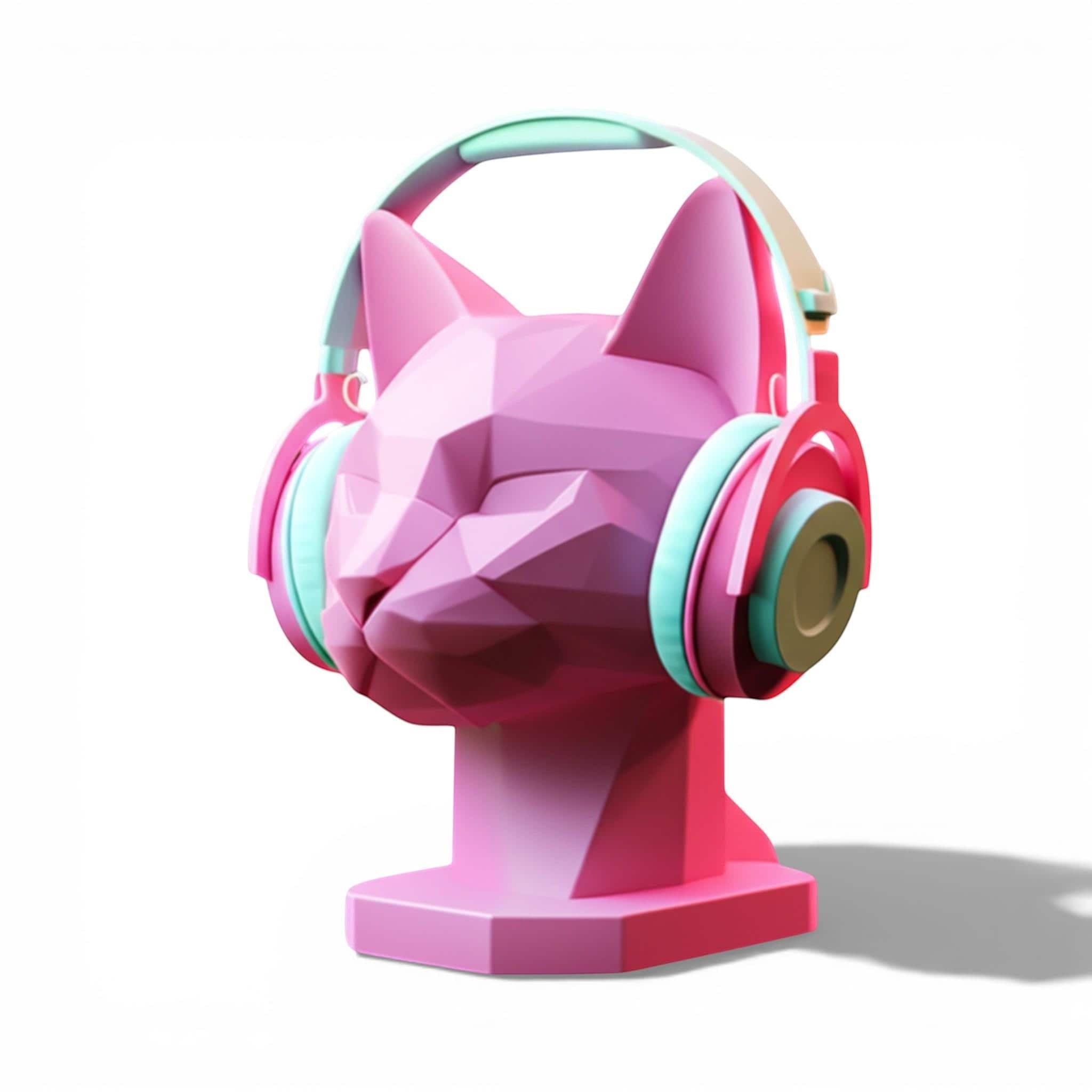 Happy3dWorld pink low-poly geometric cat headphone stand with pastel blue and pink over-ear gaming headset