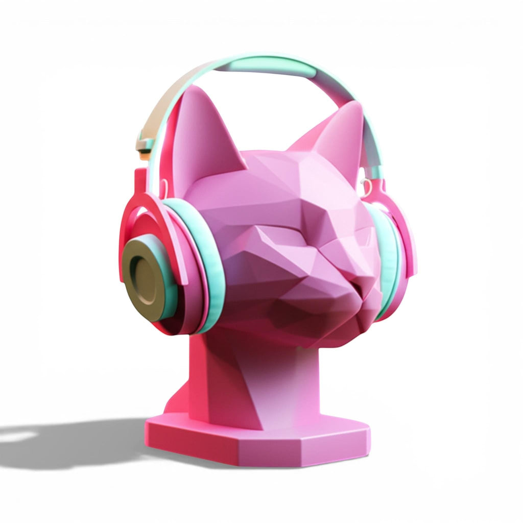 Happy3dWorld pink low-poly geometric cat headphone stand holding pastel over-ear headphones on a white background