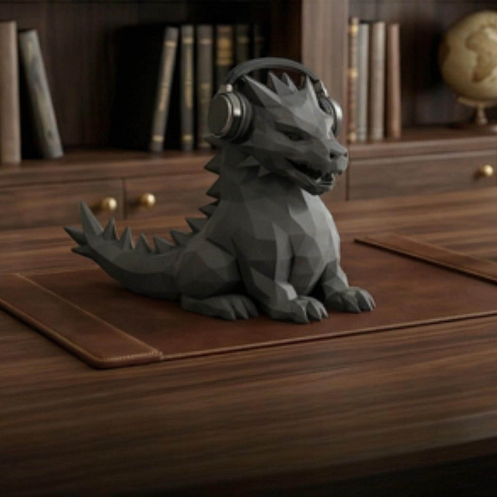 Happy3dWorld matte black geometric dragon headphone stand on a wooden desk holding over-ear gaming headphones.