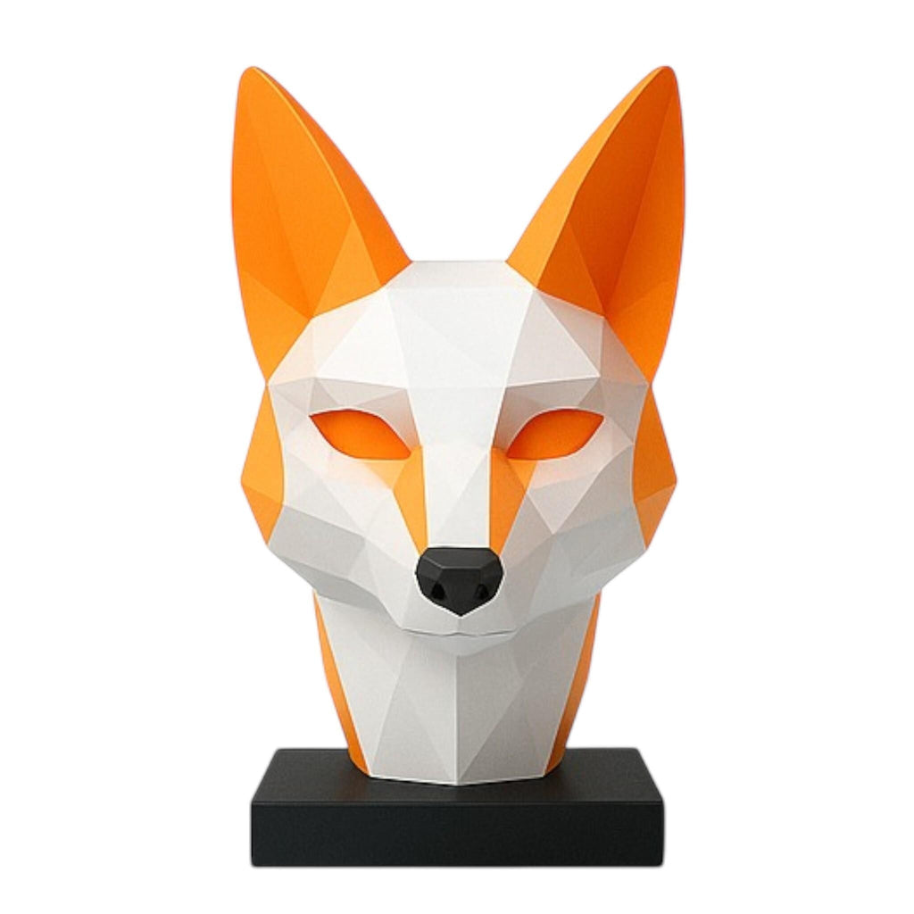 Happy3dWorld low-poly geometric fox headphone stand in orange and white PLA on a black base
