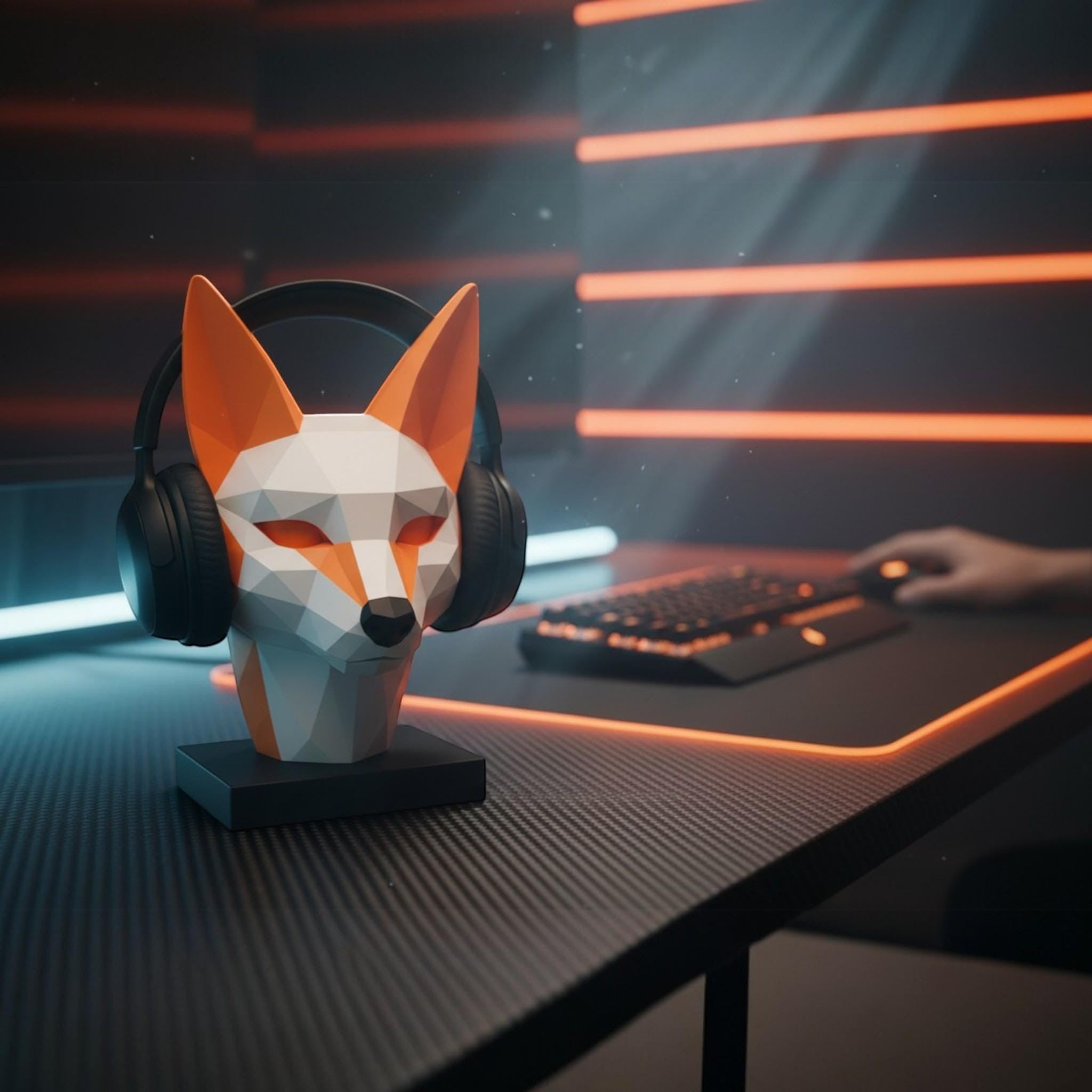 Happy3dWorld low-poly geometric fox headphone stand in orange and white on a modern gaming desk with headset