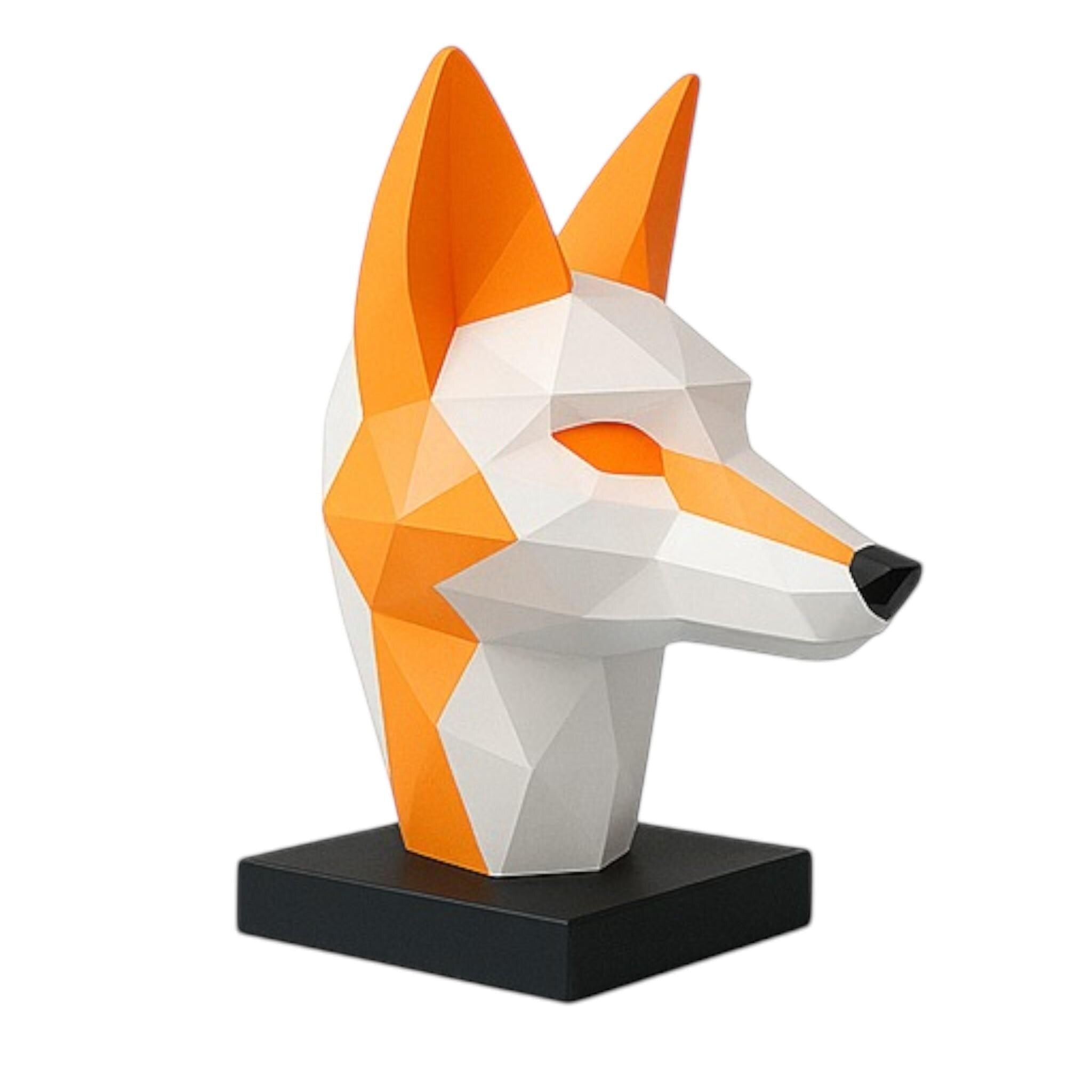 Happy3dWorld low-poly geometric fox headphone stand in white and orange PLA on a black base for modern desk decor.