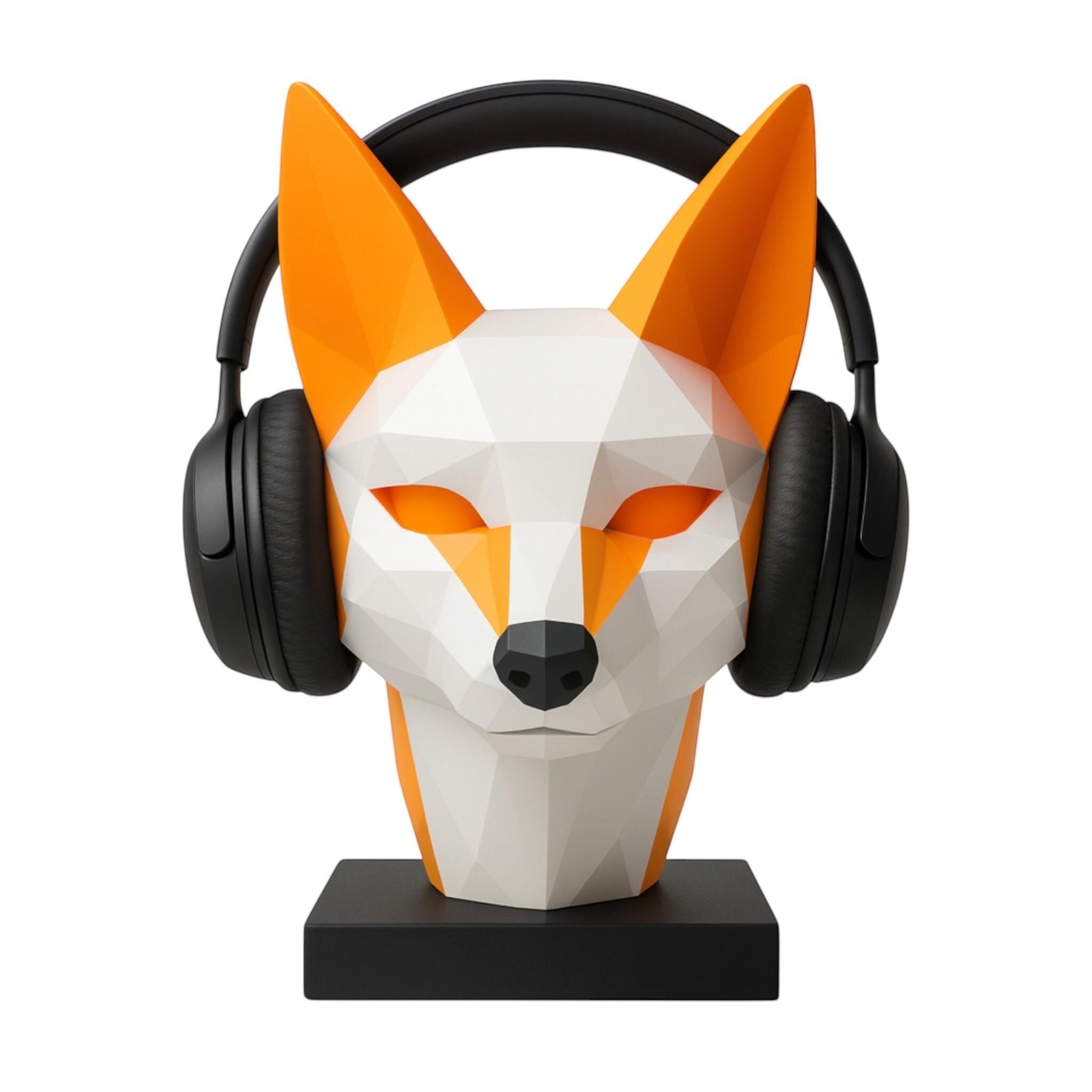Happy3dWorld low-poly geometric fox headphone stand in orange and white PLA, holding black over-ear gaming headphones.
