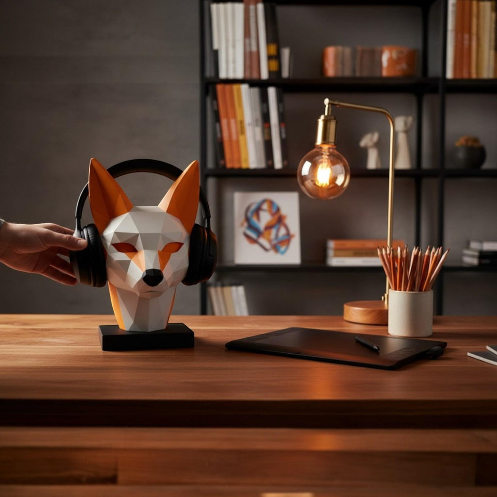 Happy3dWorld low-poly geometric fox headphone stand in orange and white on a wooden desk with a hand placing a headset.