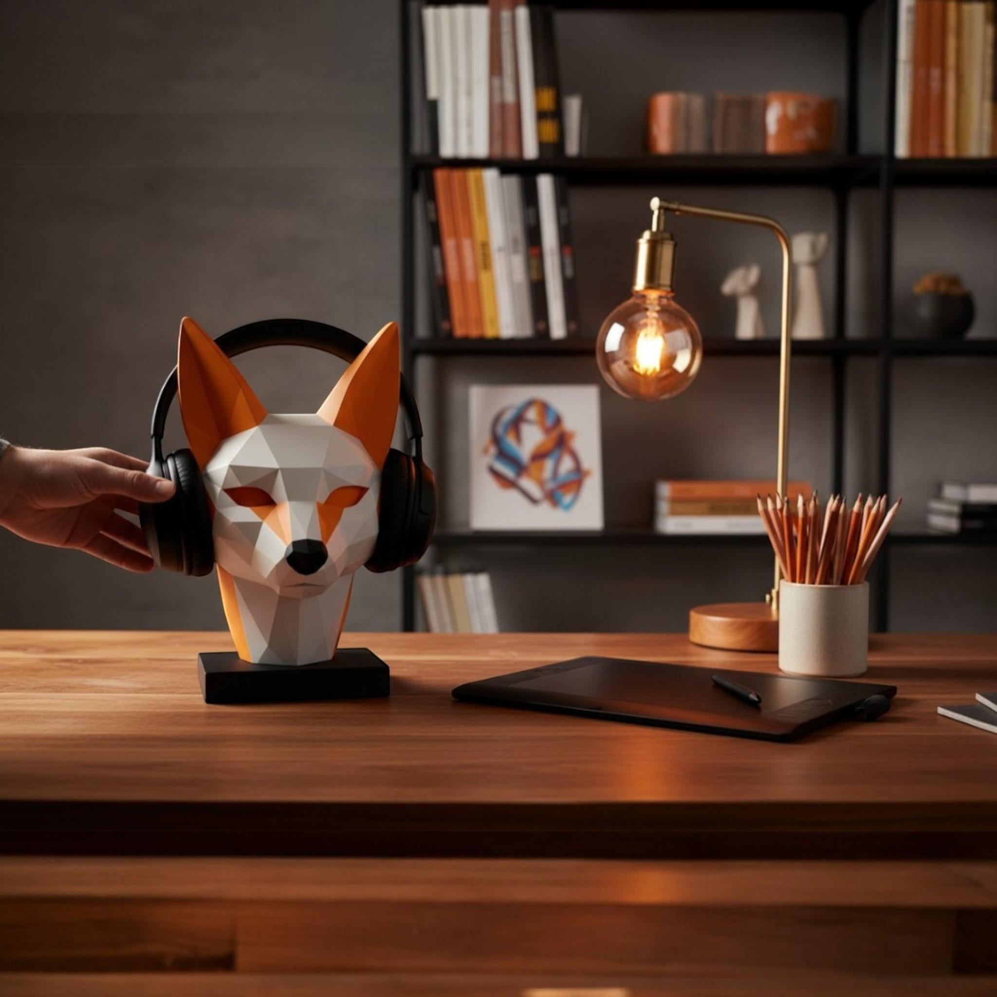 Happy3dWorld low-poly geometric fox headphone stand in orange and white on a wooden desk with a hand placing a headset.