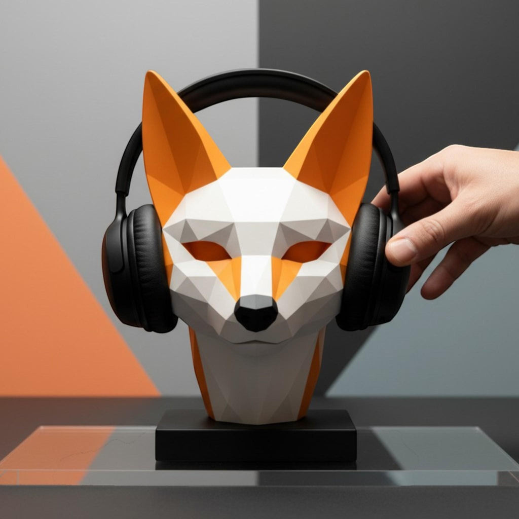 Happy3dWorld low-poly geometric fox headphone stand in orange and white PLA, holding black over-ear headphones on a desk.