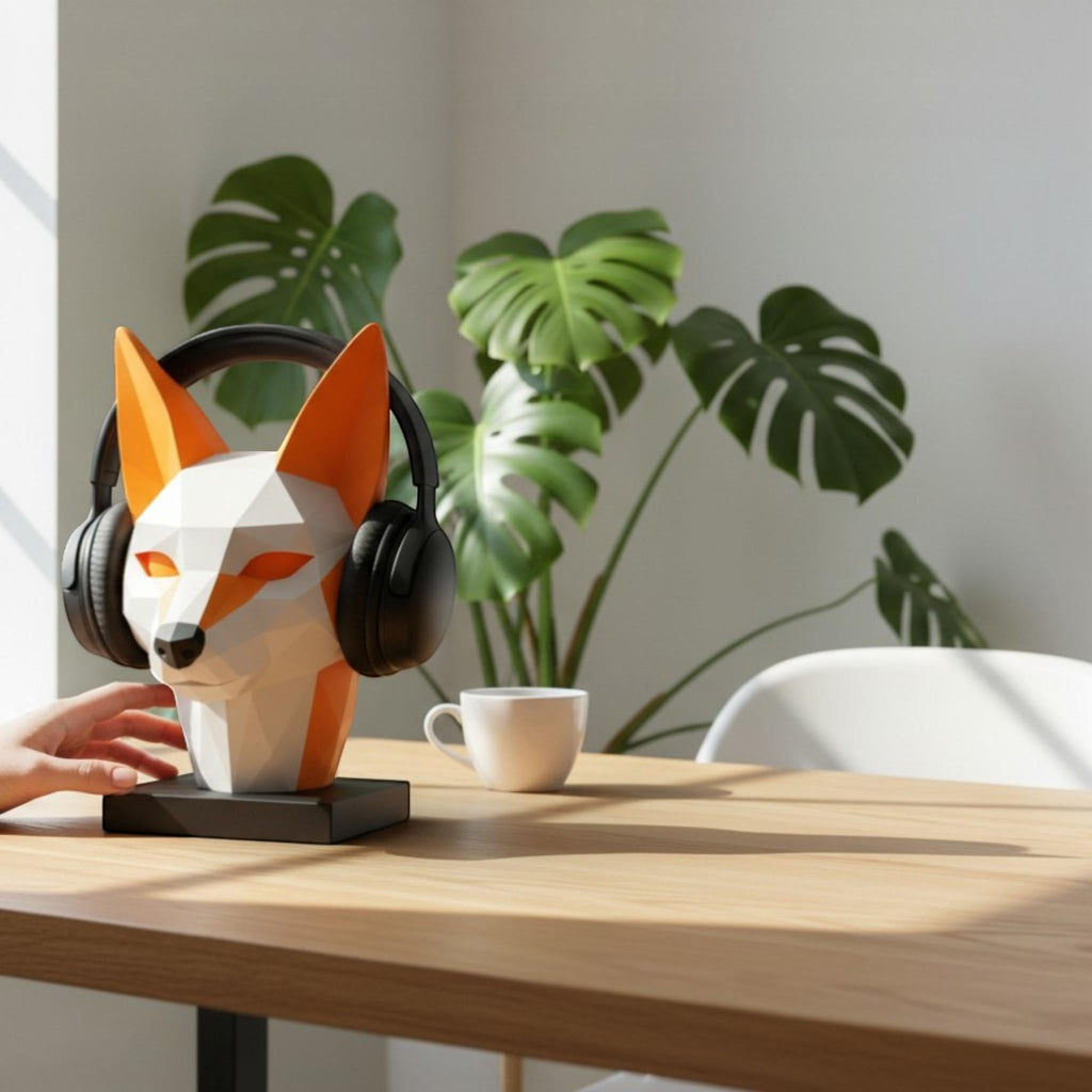 Happy3dWorld low-poly geometric fox headphone stand in orange and white on a wooden desk with a monstera plant.