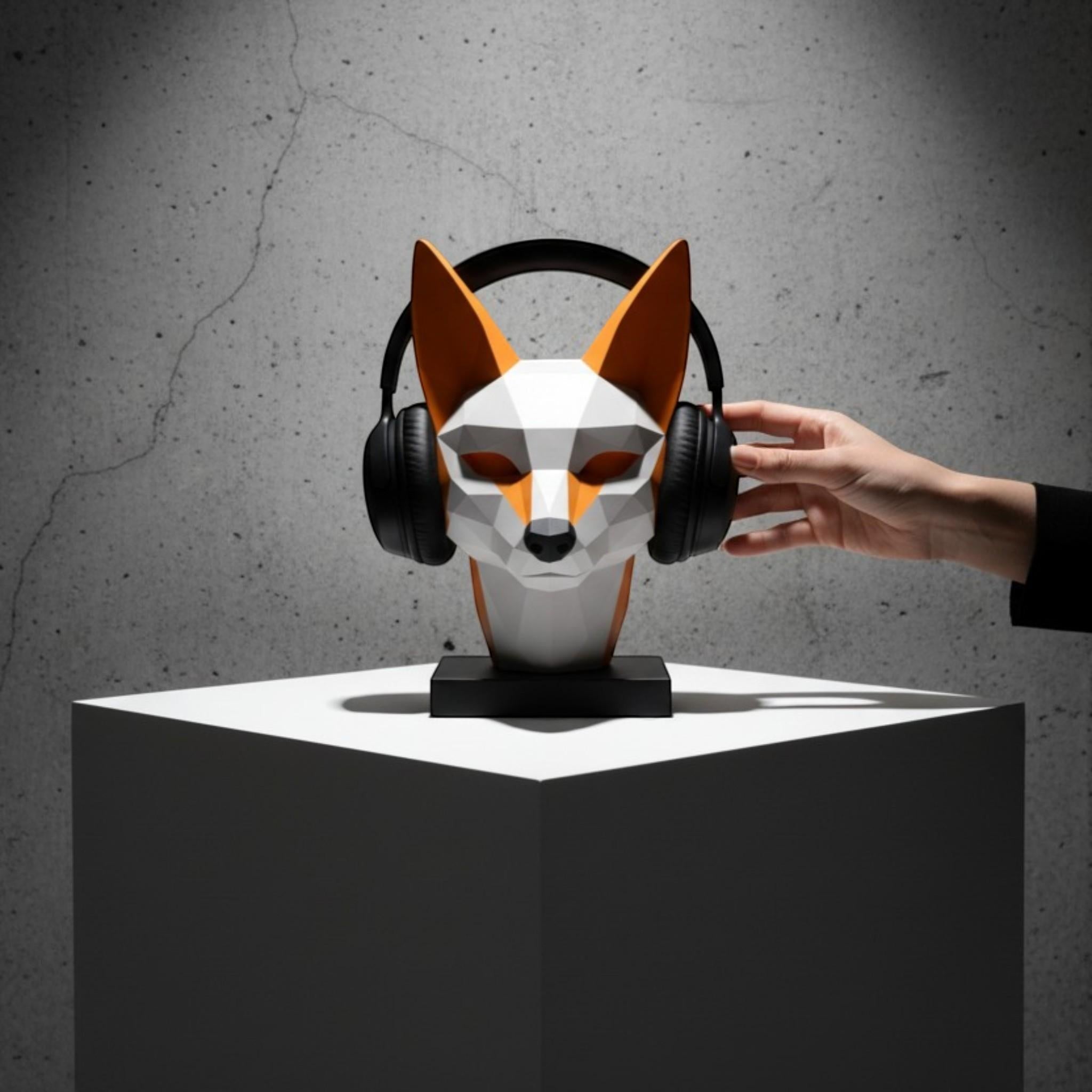 Happy3dWorld low-poly geometric fox headphone stand in orange and white PLA, holding black headphones on a white pedestal