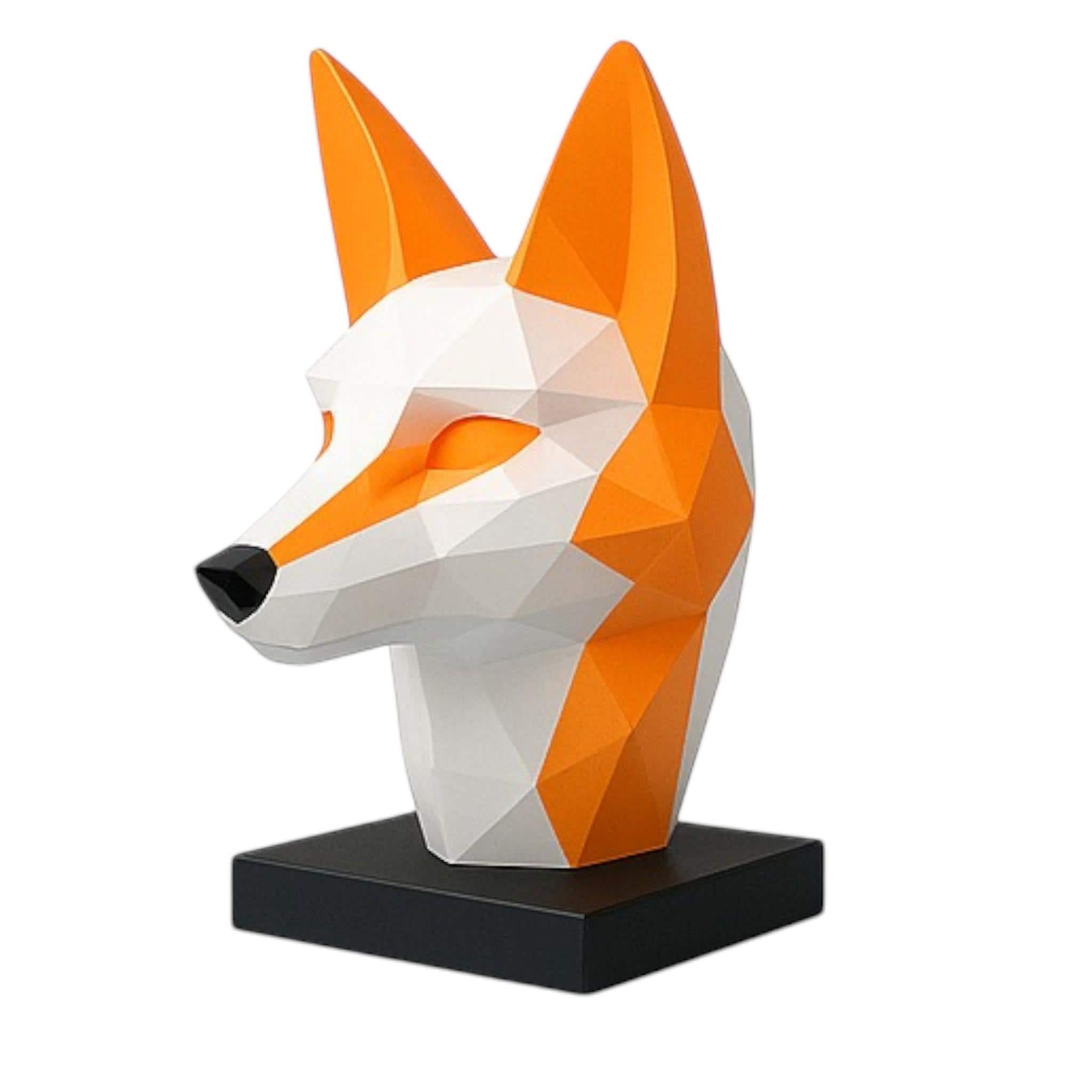 Happy3dWorld low-poly geometric fox headphone stand in orange and white on a black base for modern desk decor.