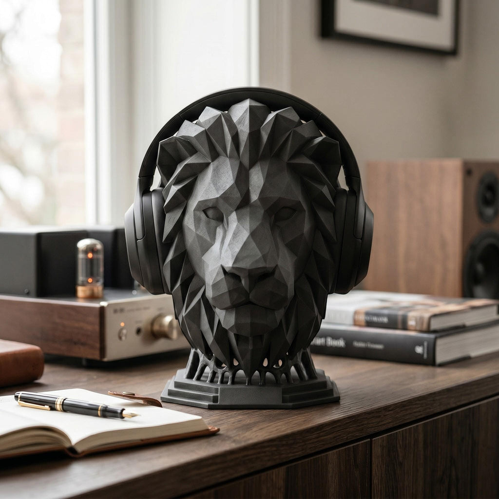 Happy3dWorld matte black geometric lion head headphone stand made of durable PLA on a wooden desk.