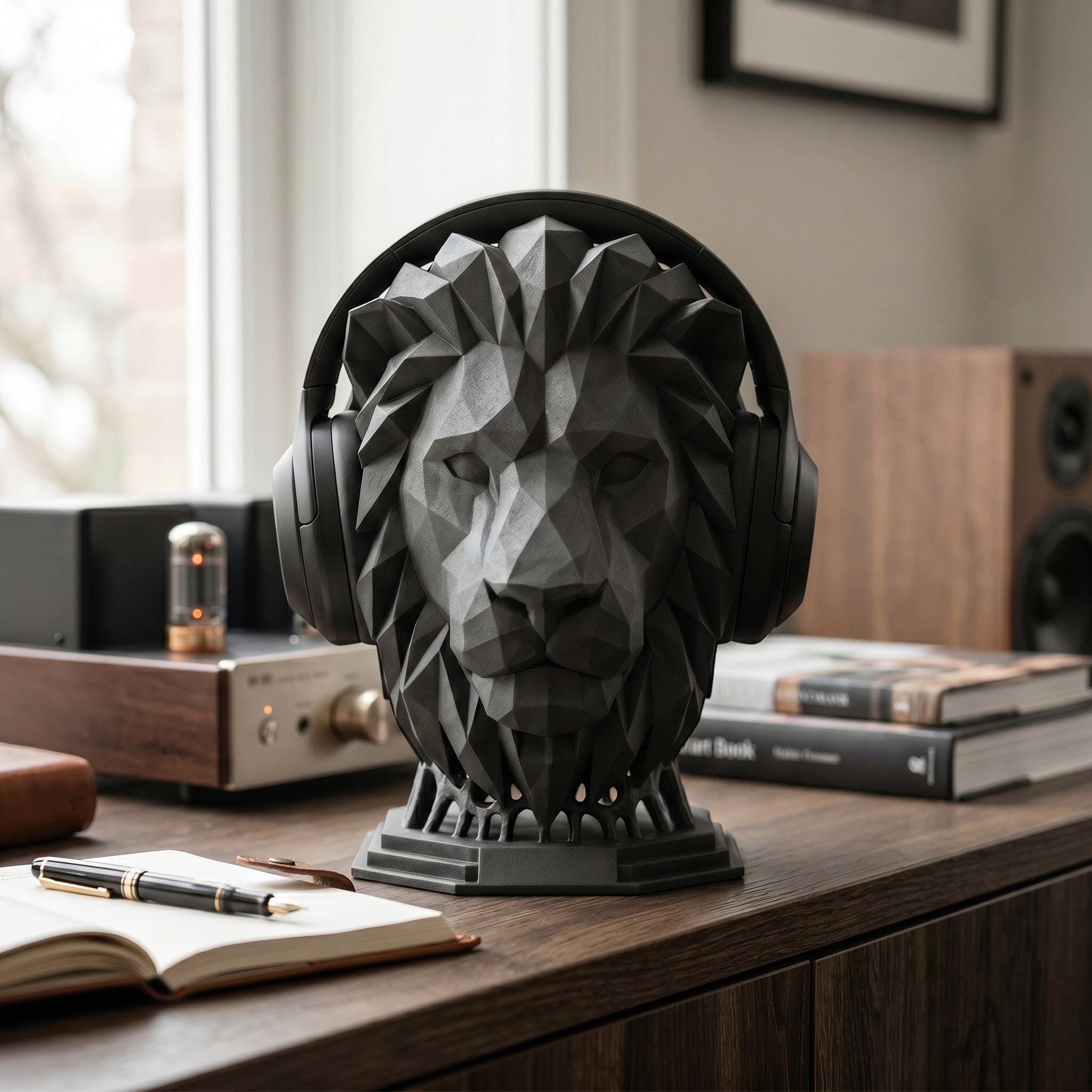 Happy3dWorld matte black geometric lion head headphone stand made of durable PLA on a wooden desk.