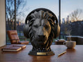 Happy3dWorld matte black geometric lion head headphone stand on a desk with headphones, minimalist office decor.