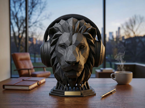 Happy3dWorld matte black geometric lion head headphone stand on a desk with headphones, minimalist office decor.
