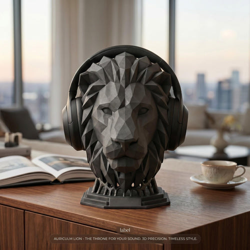 Happy3dWorld matte black geometric lion headphone stand on a wooden desk in a minimalist room