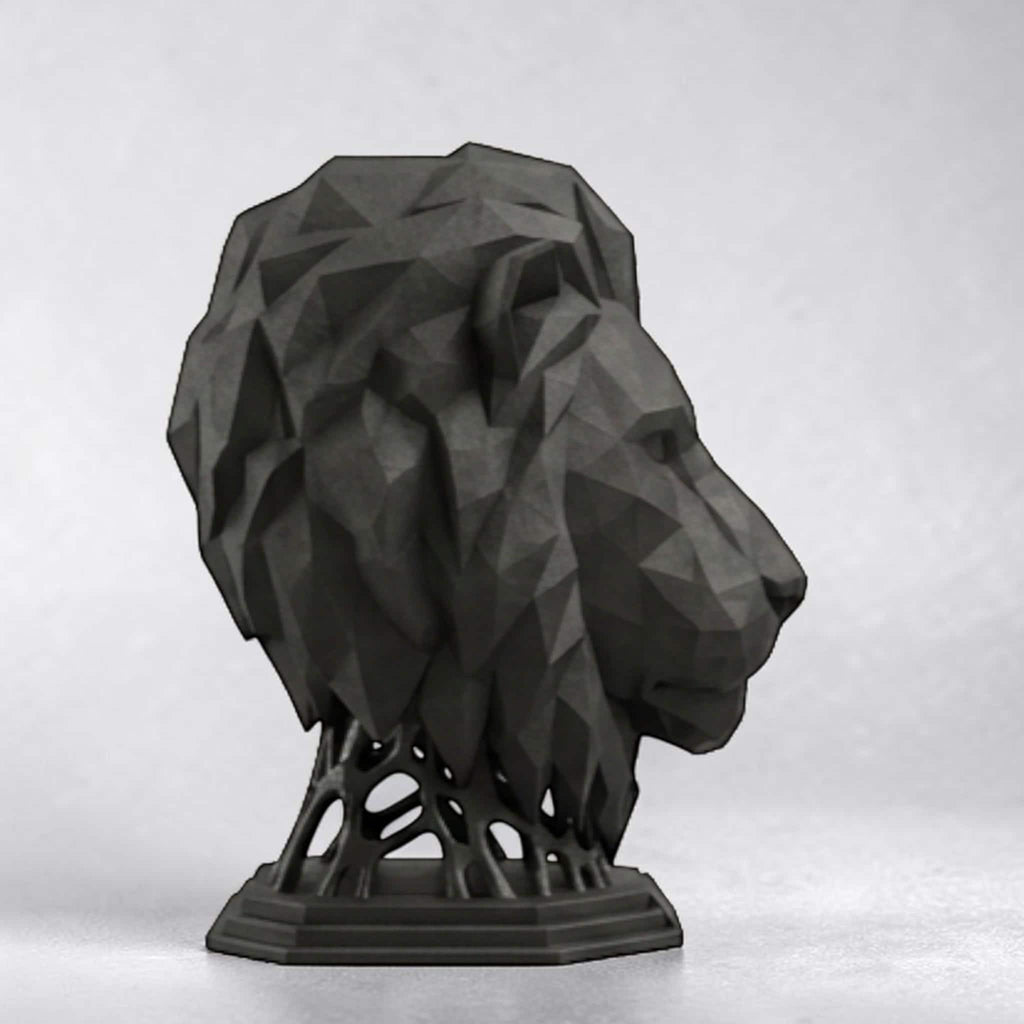 Happy3dWorld matte black geometric lion head headphone stand made of 3D printed PLA for minimalist desk organization.