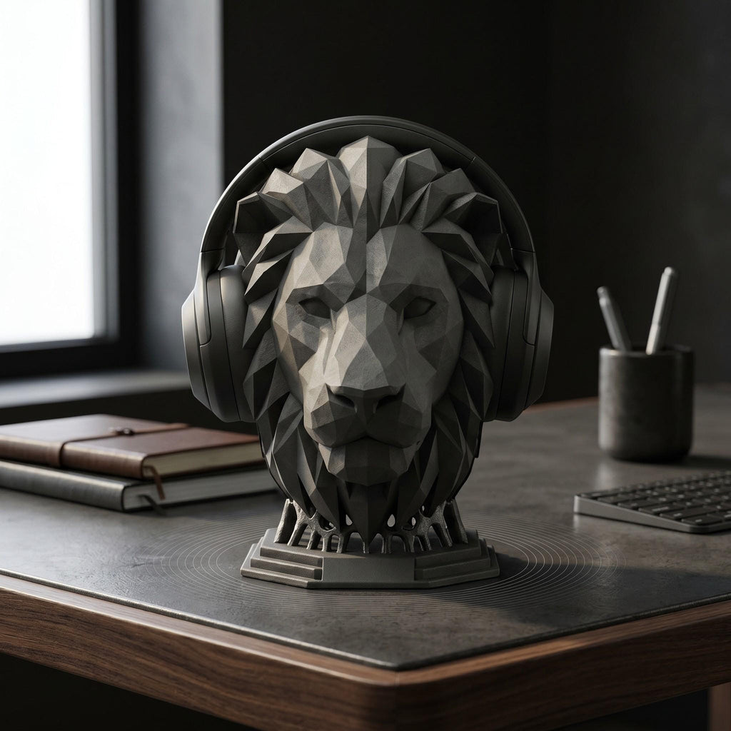 Happy3dWorld matte black geometric lion head headphone stand on a desk, perfect for minimalist gaming setups.