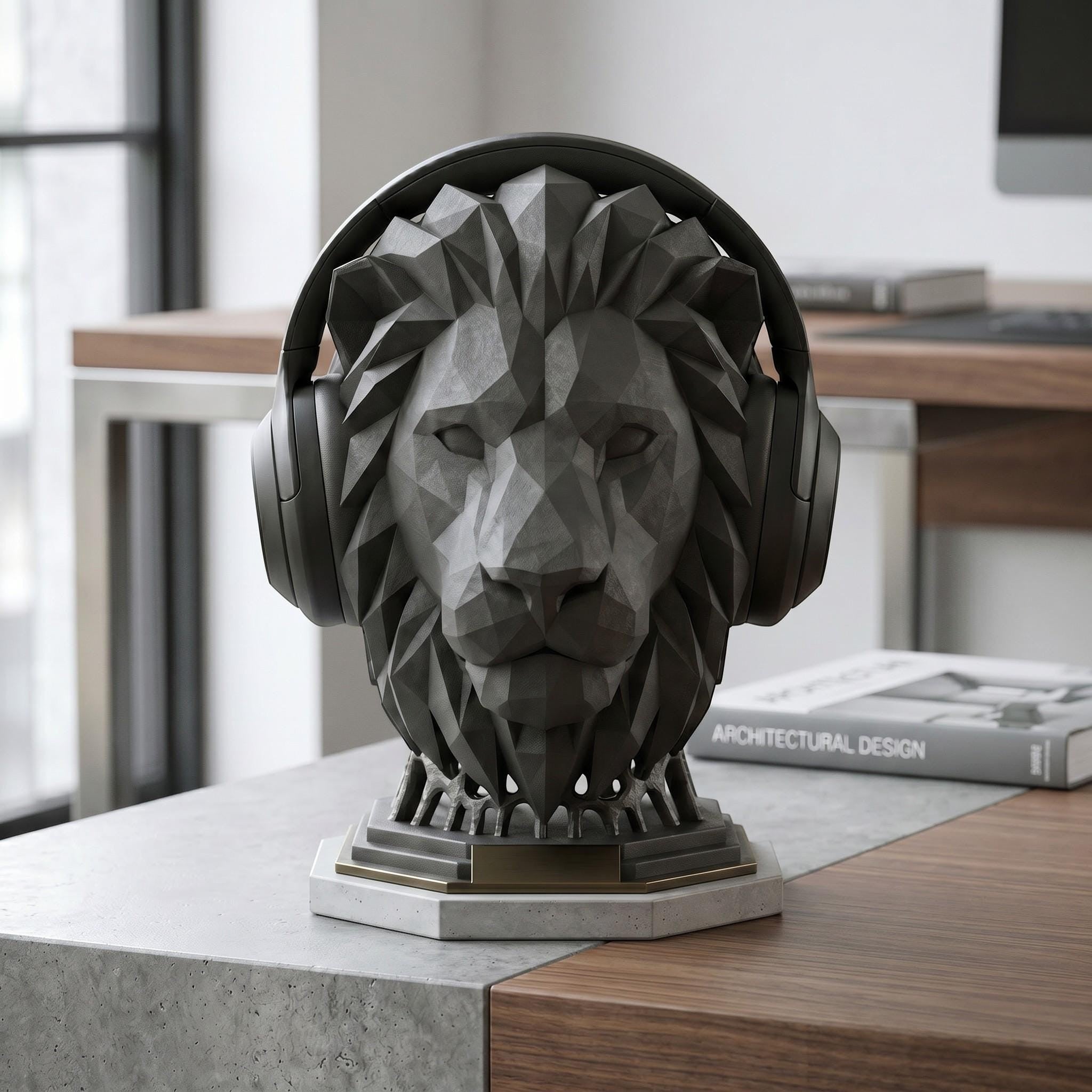 Happy3dWorld matte black geometric lion head headphone stand on a modern desk, perfect for gaming or office setups.