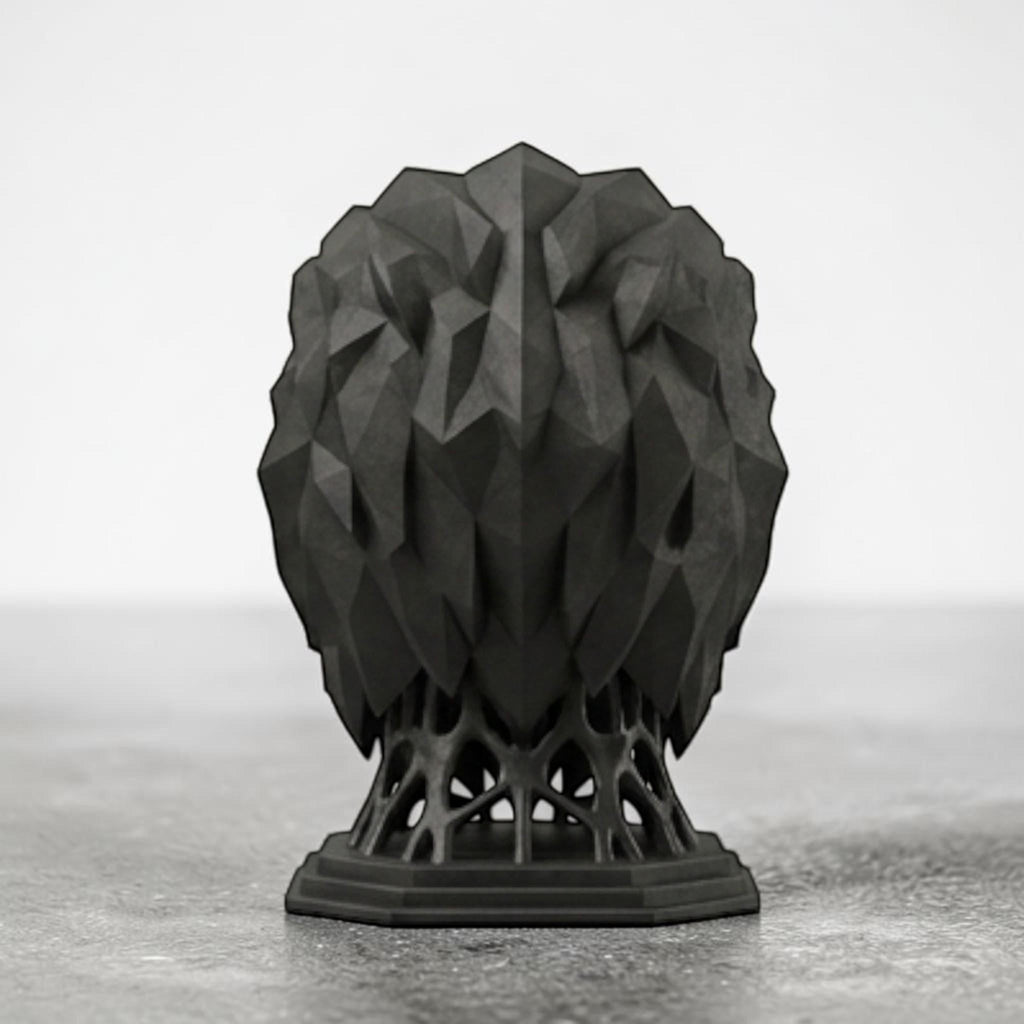 Happy3dWorld matte black geometric lion head headphone stand with a sturdy base for minimalist desk organization.