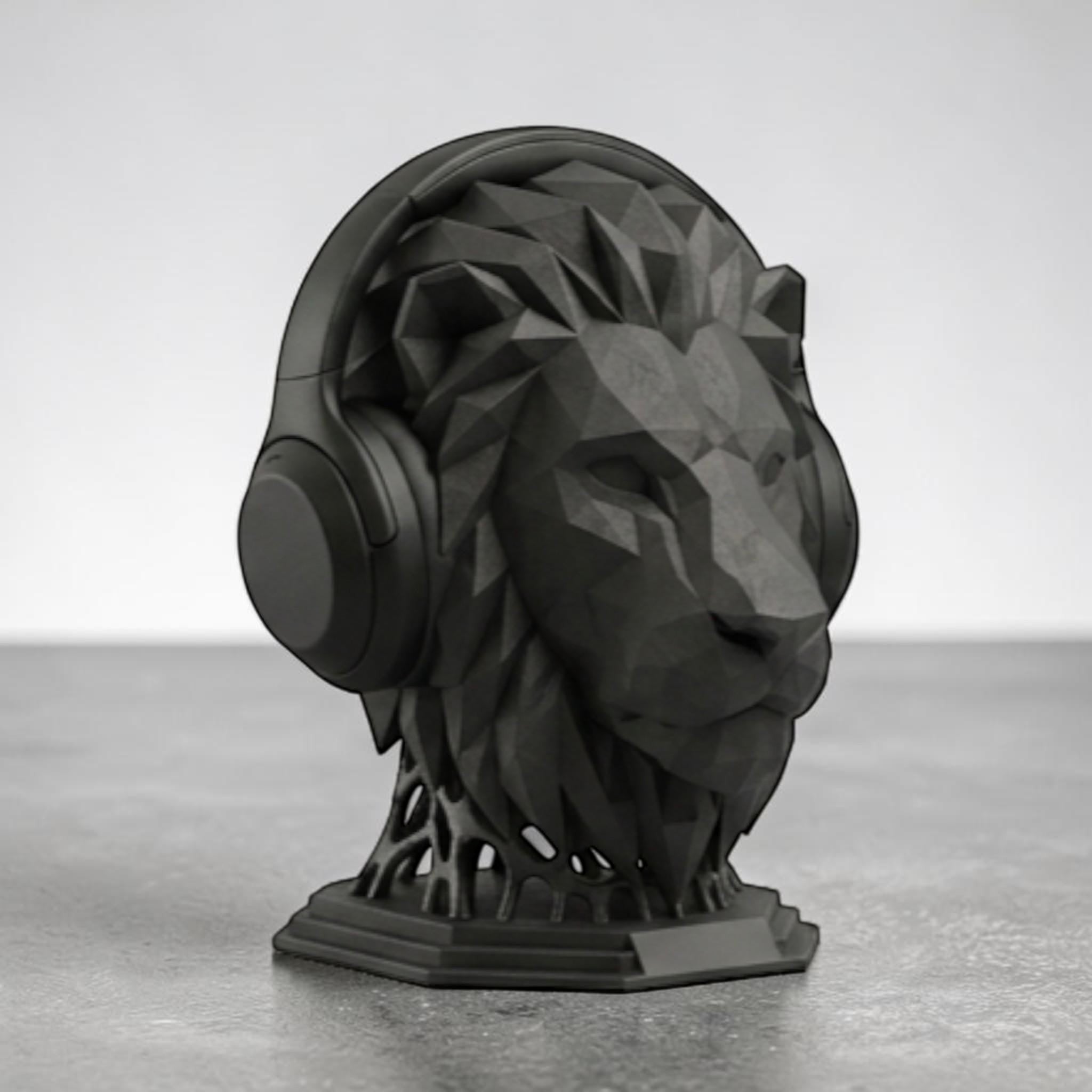 Happy3dWorld matte black geometric lion head headphone stand made of durable PLA for minimalist desk organization.