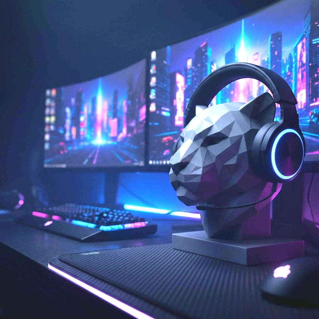Happy3dWorld geometric tiger headphone stand in gray PLA on a gaming desk with dual monitors and ambient lighting