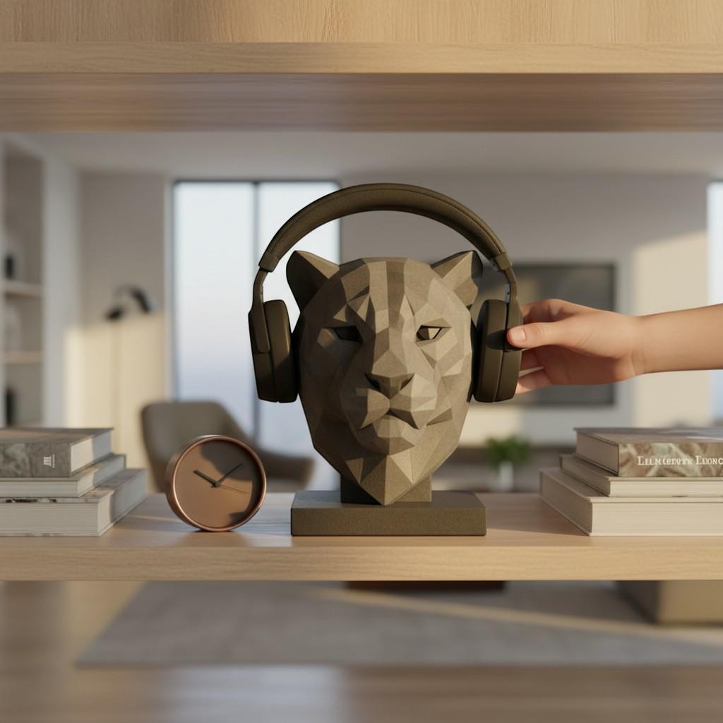 Happy3dWorld gray low-poly geometric tiger headphone stand holding black over-ear headphones on a wooden desk shelf.