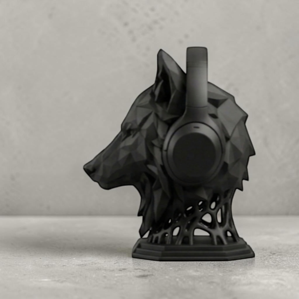 Happy3dWorld matte black geometric wolf head headphone stand with a modern low-poly design on a desk.