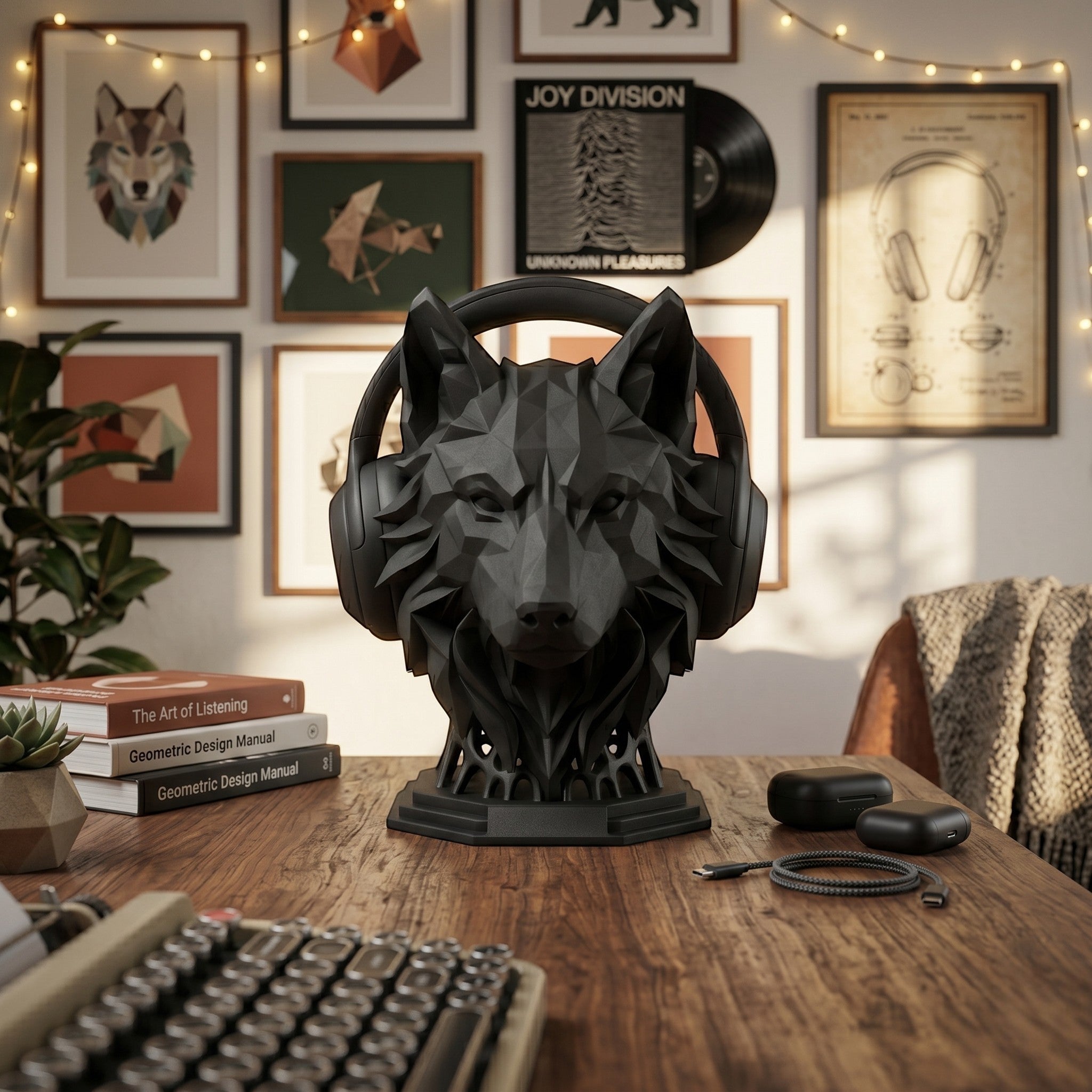 Happy3dWorld matte black geometric wolf head headphone stand on a wooden desk with gaming accessories