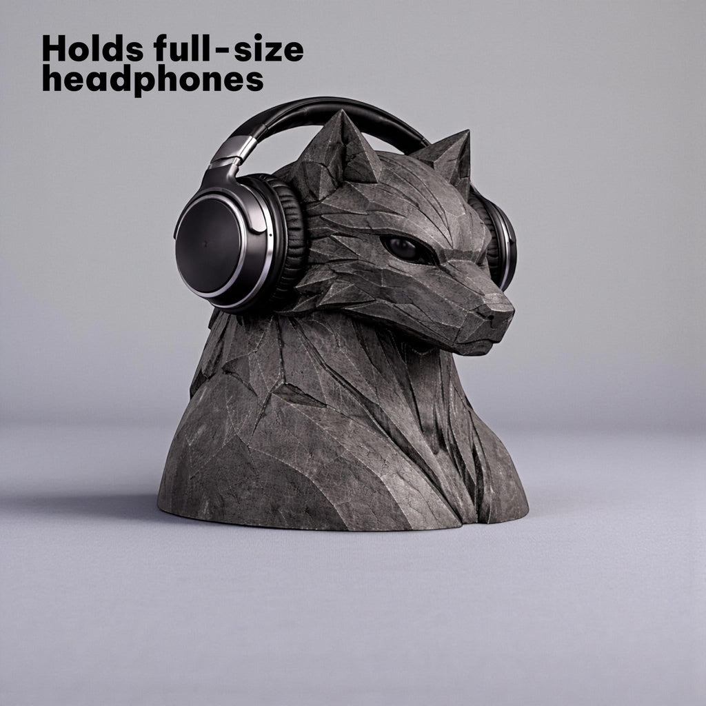 Happy3dWorld geometric wolf headphone stand in dark grey, a 3D printed gaming desk organizer for over-ear headsets.