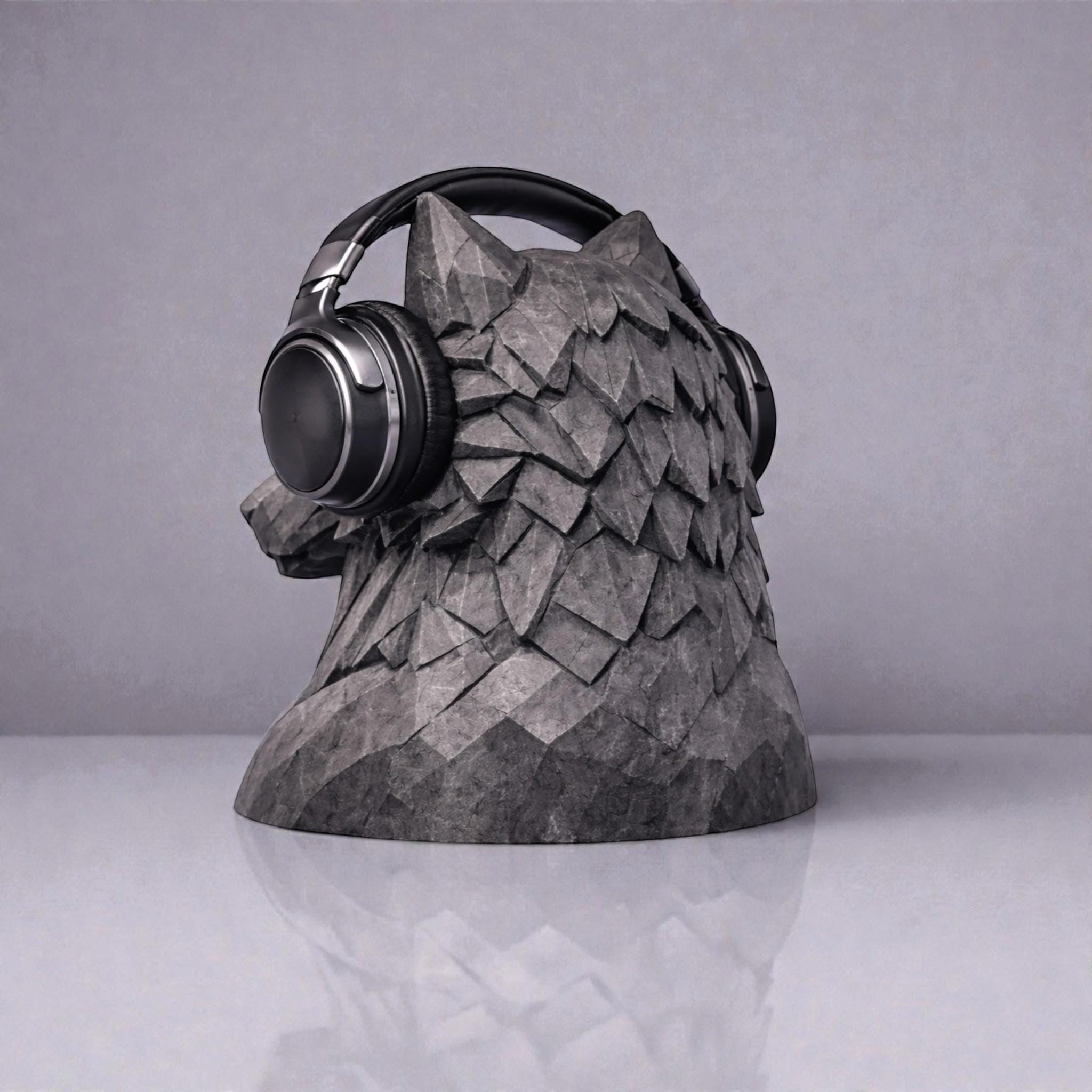 Happy3dWorld geometric wolf headphone stand in grey, 3D printed polygonal headset holder for gaming desks.