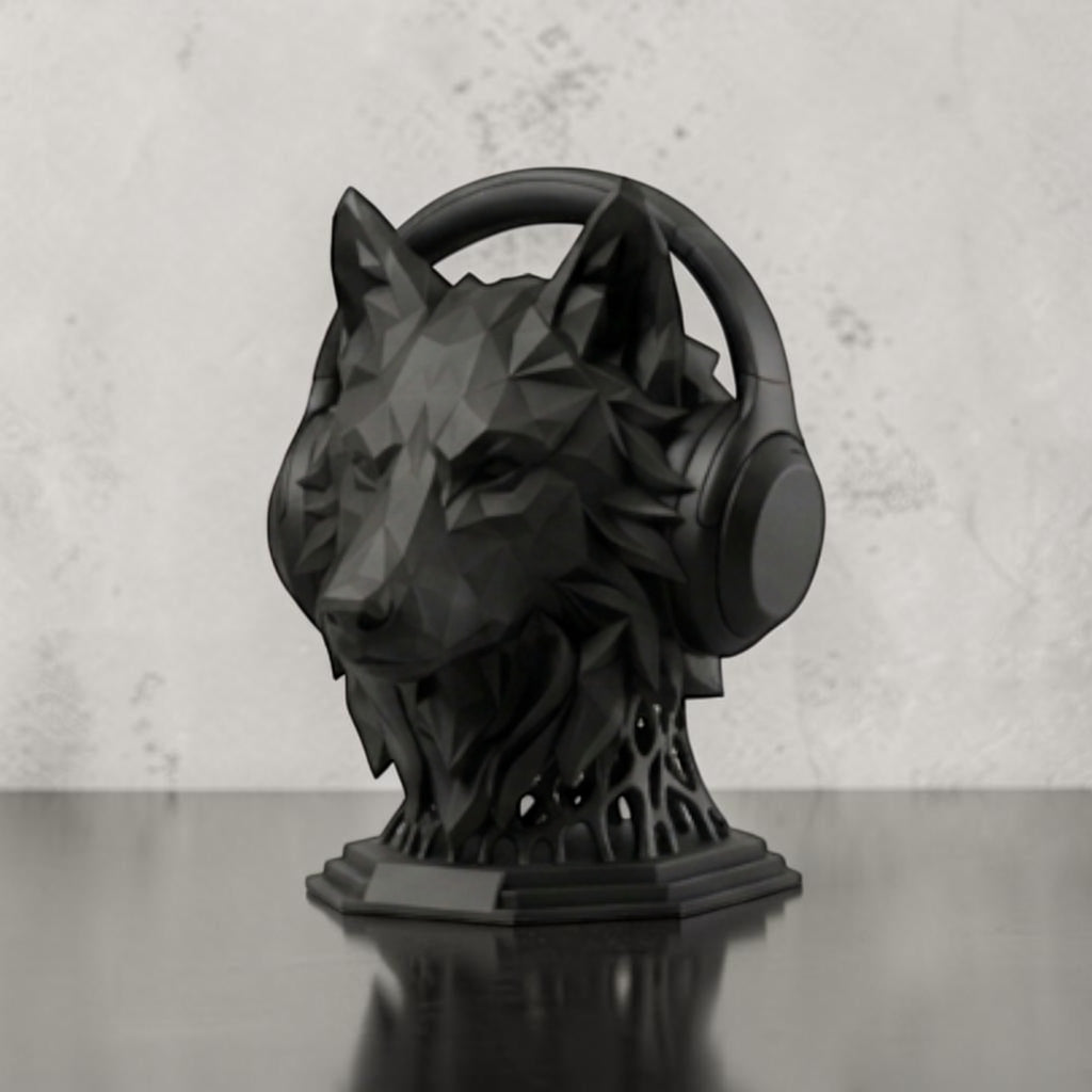 Happy3dWorld matte black geometric wolf headphone stand with a low-poly design for desk organization.
