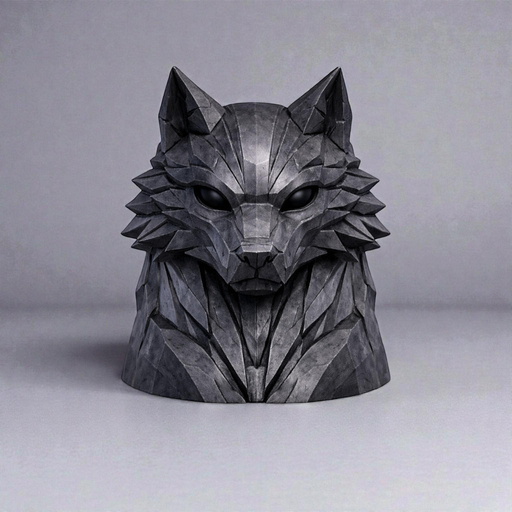 Happy3dWorld geometric wolf headphone stand in matte grey, a 3D printed polygonal gaming desk organizer.