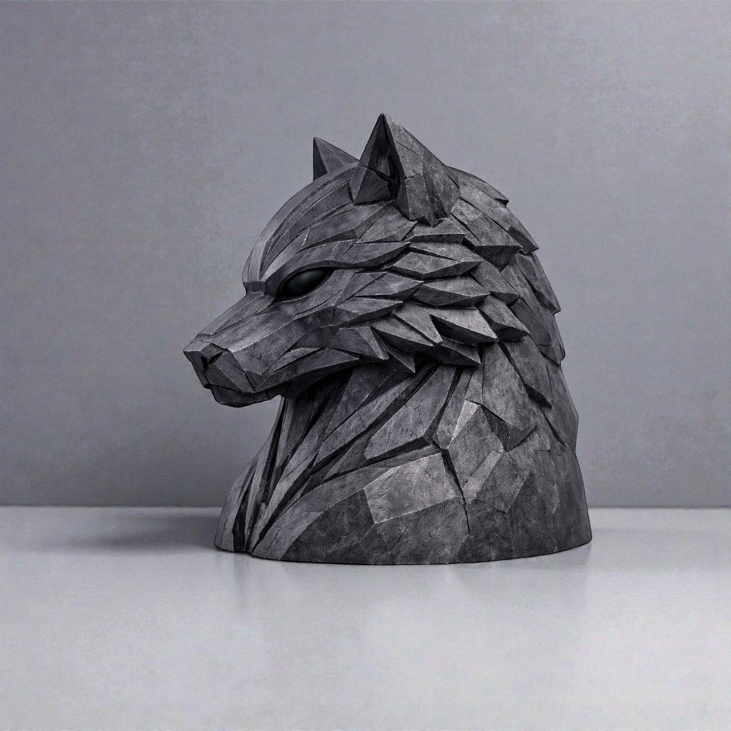 Happy3dWorld geometric wolf headphone stand in dark grey, featuring a modern 3D printed polygonal bust design.