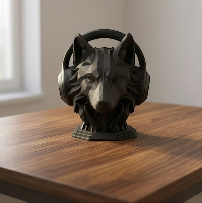 Happy3dWorld matte black geometric wolf head headphone stand on a wooden desk holding over-ear headphones