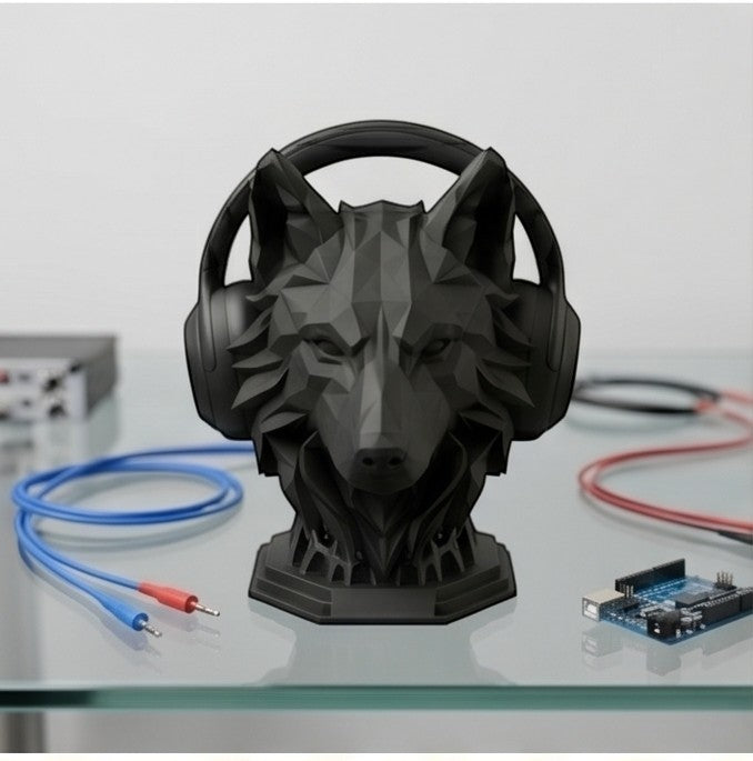 Happy3dWorld matte black geometric wolf head headphone stand holding over-ear headphones on a glass desk.