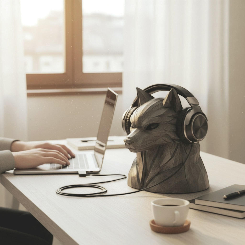 Happy3dWorld geometric wolf headphone stand holding black gaming headset on a modern desk next to a laptop