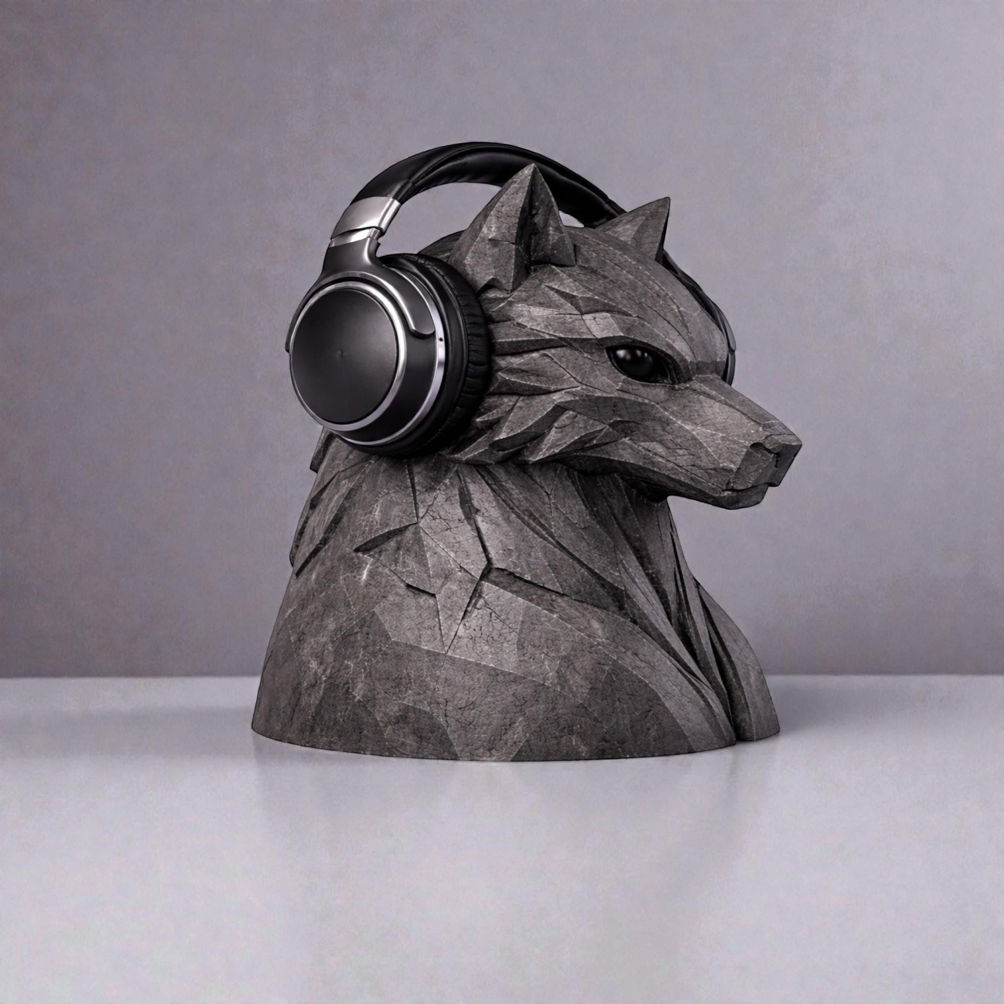 Happy3dWorld geometric wolf headphone stand in dark grey, featuring a polygonal 3D printed design for gaming headsets.